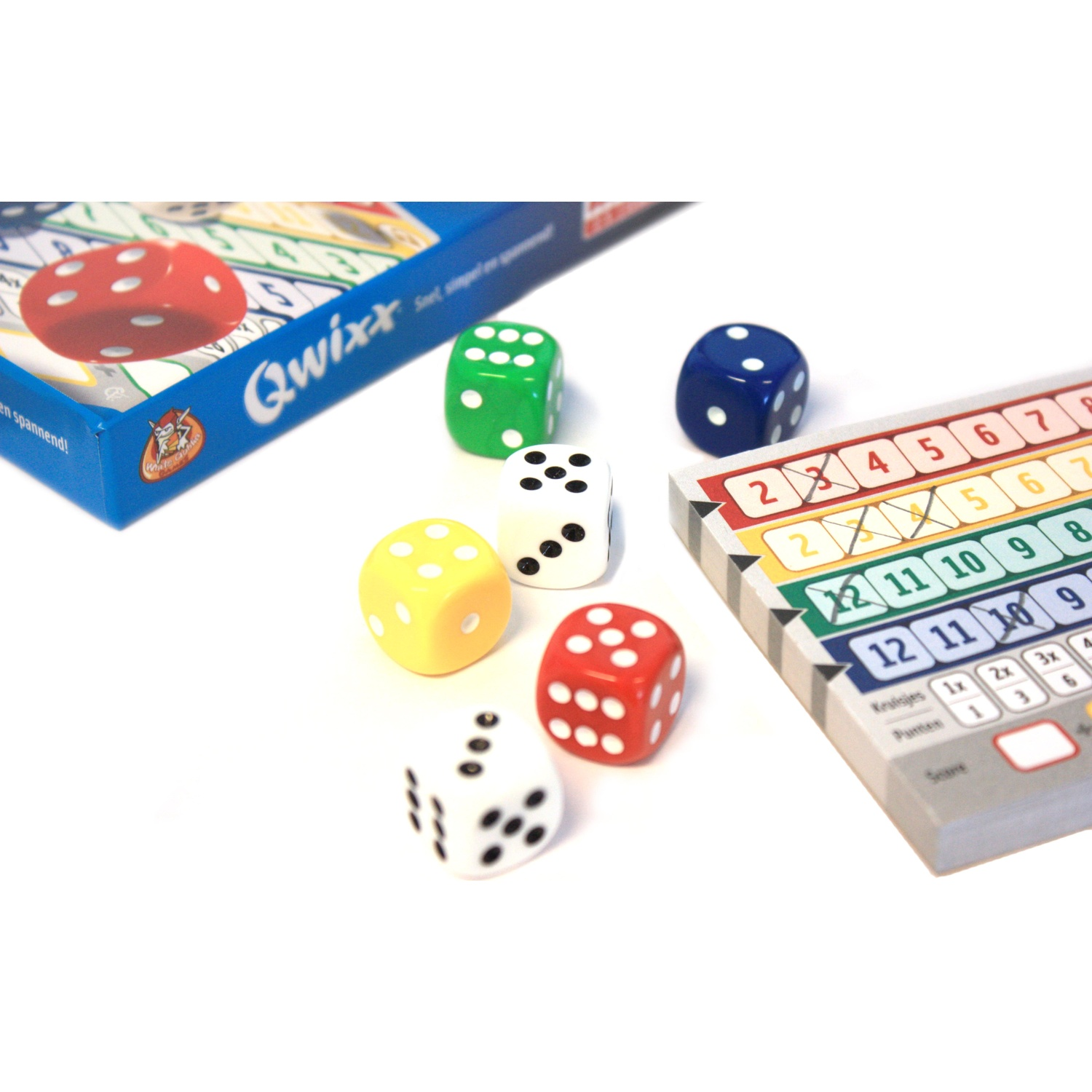 Qwixx dice game with a blue box, colorful dice, and a score sheet on a white background.