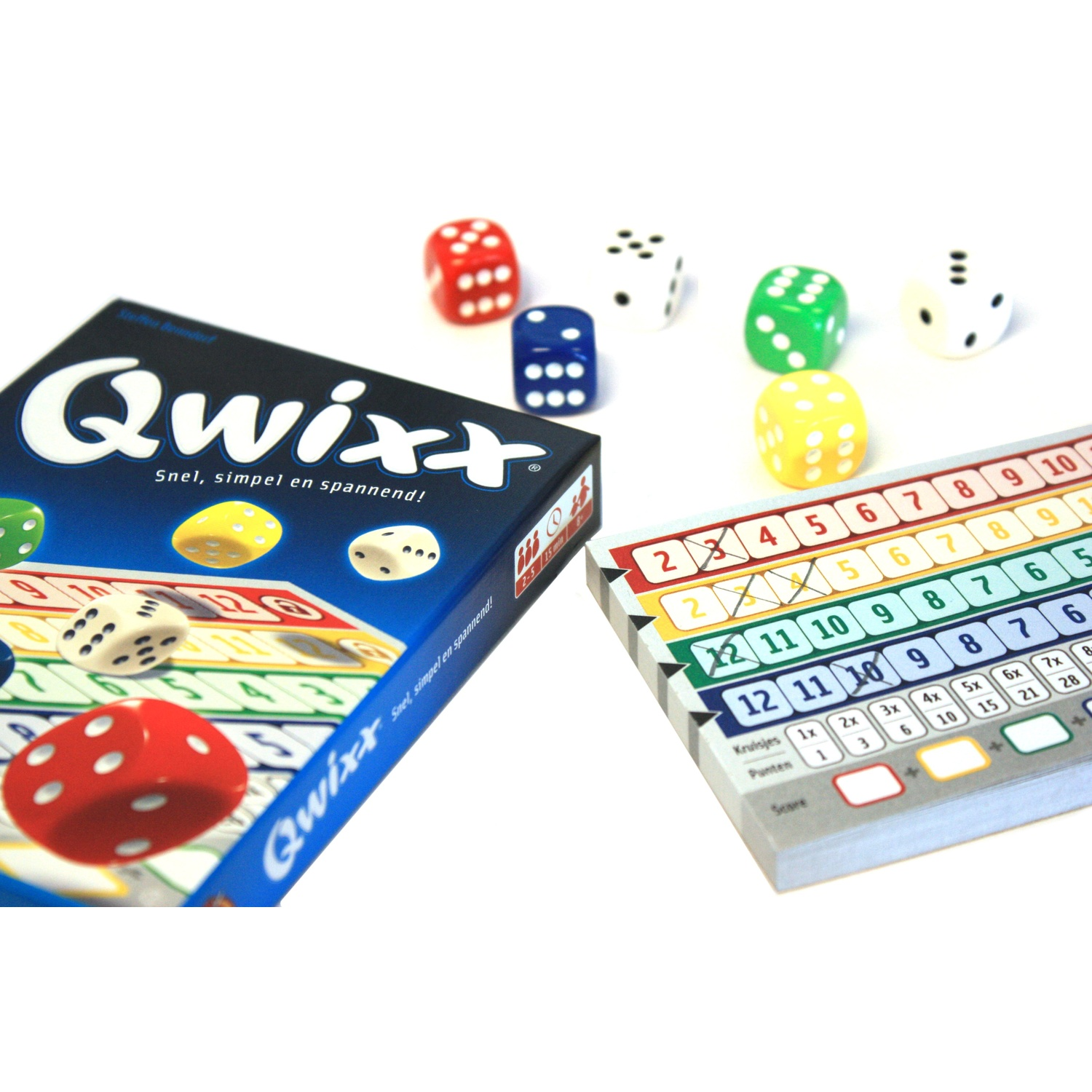 Qwixx dice game box, scorecard pad, and colorful dice scattered on a white surface.