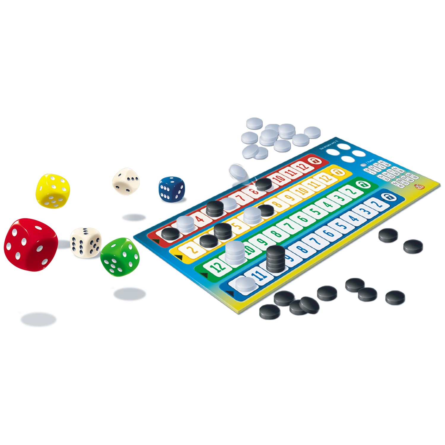 A blue board game with colorful dice and black and white game pieces.