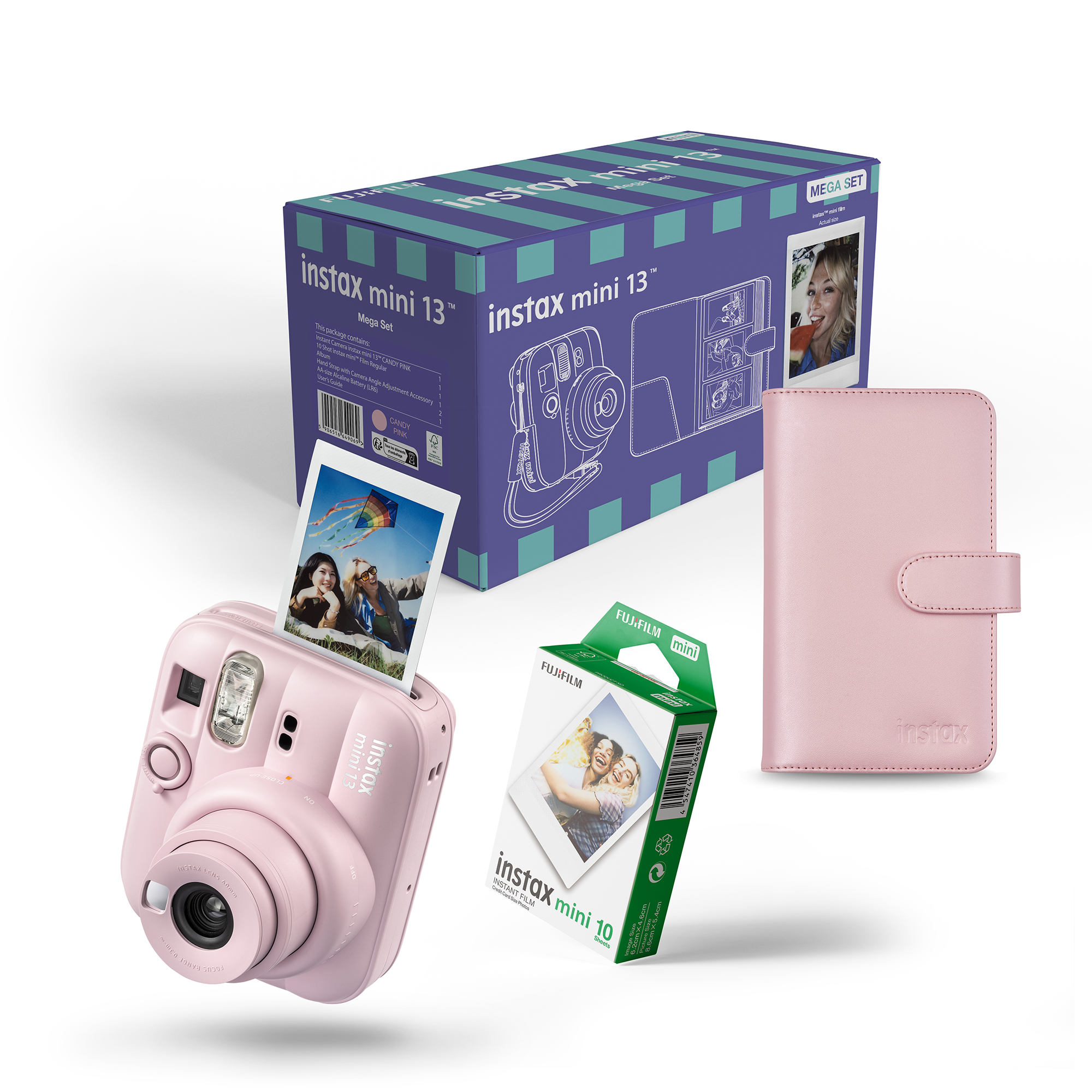 Różowy aparat natychmiastowy Instax Mini 13 z pudełkiem, paczką filmów i etui.