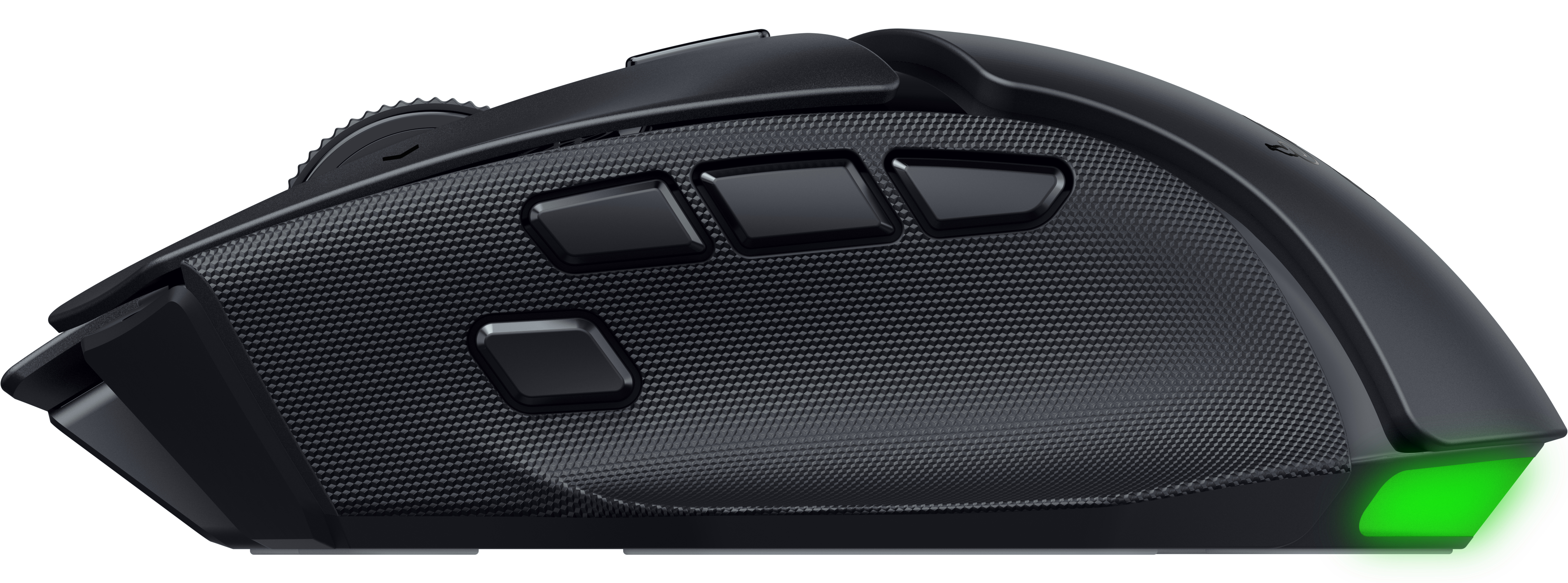 Schwarze Gaming-Maus mit Daumentasten, strukturiertem Griff und grünem LED-Licht hinten.