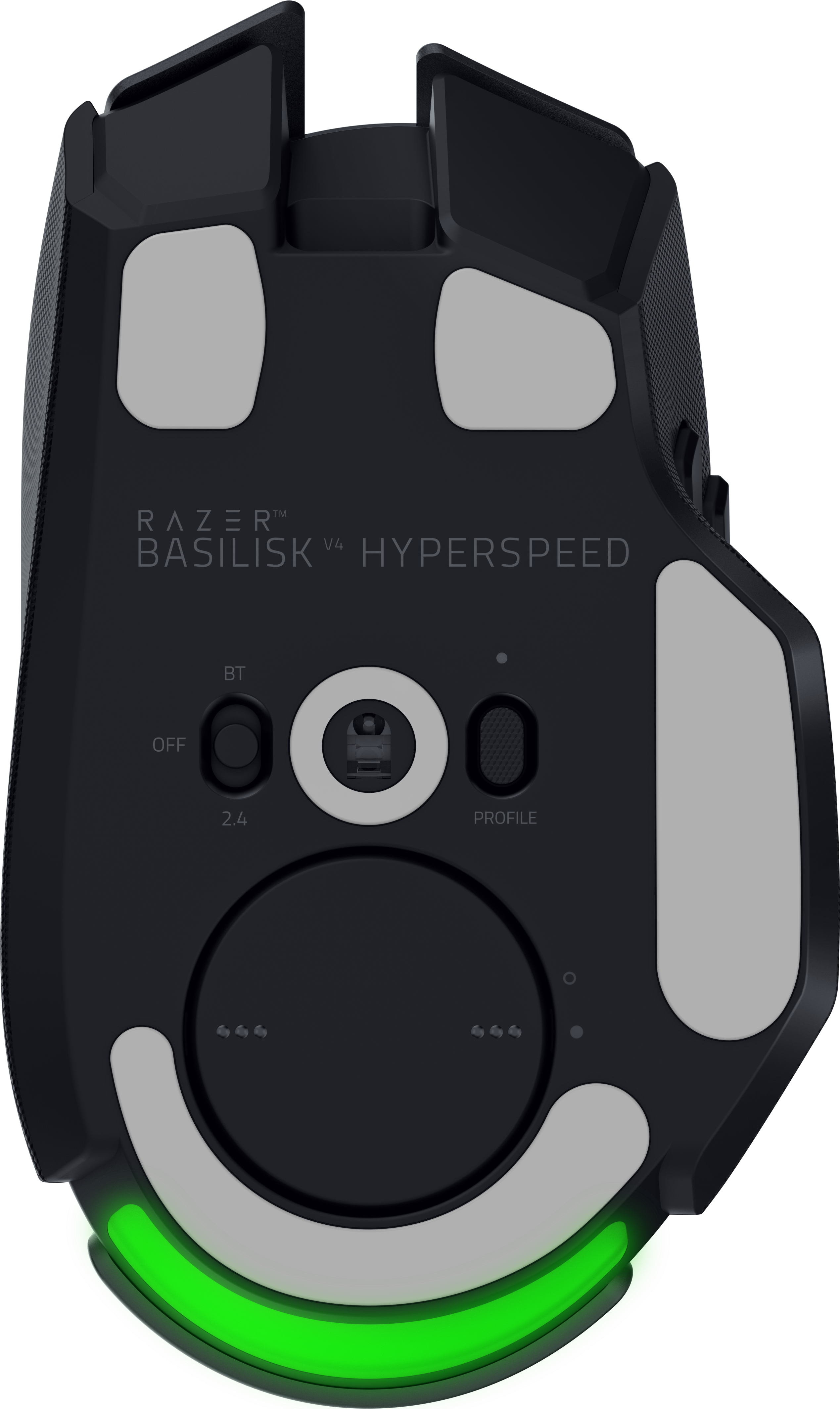 Unterseite einer schwarzen Razer Basilisk V4 Hyperspeed Gaming-Maus mit grünem LED-Licht am Ende.