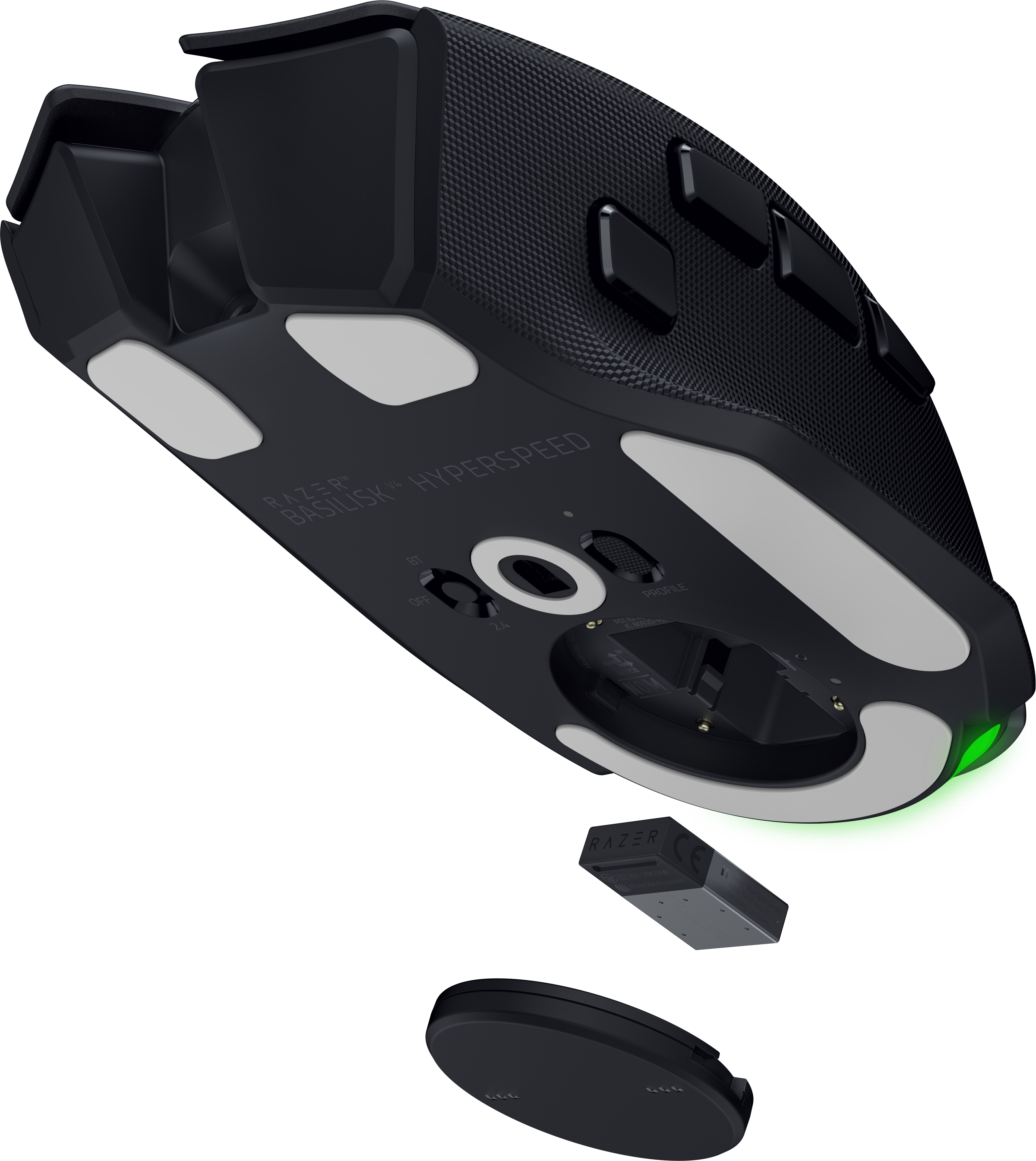 Unterseite einer schwarzen Razer Basilisk V4 Hyperspeed Maus mit offenem Batteriefach, Batterie und Abdeckung.