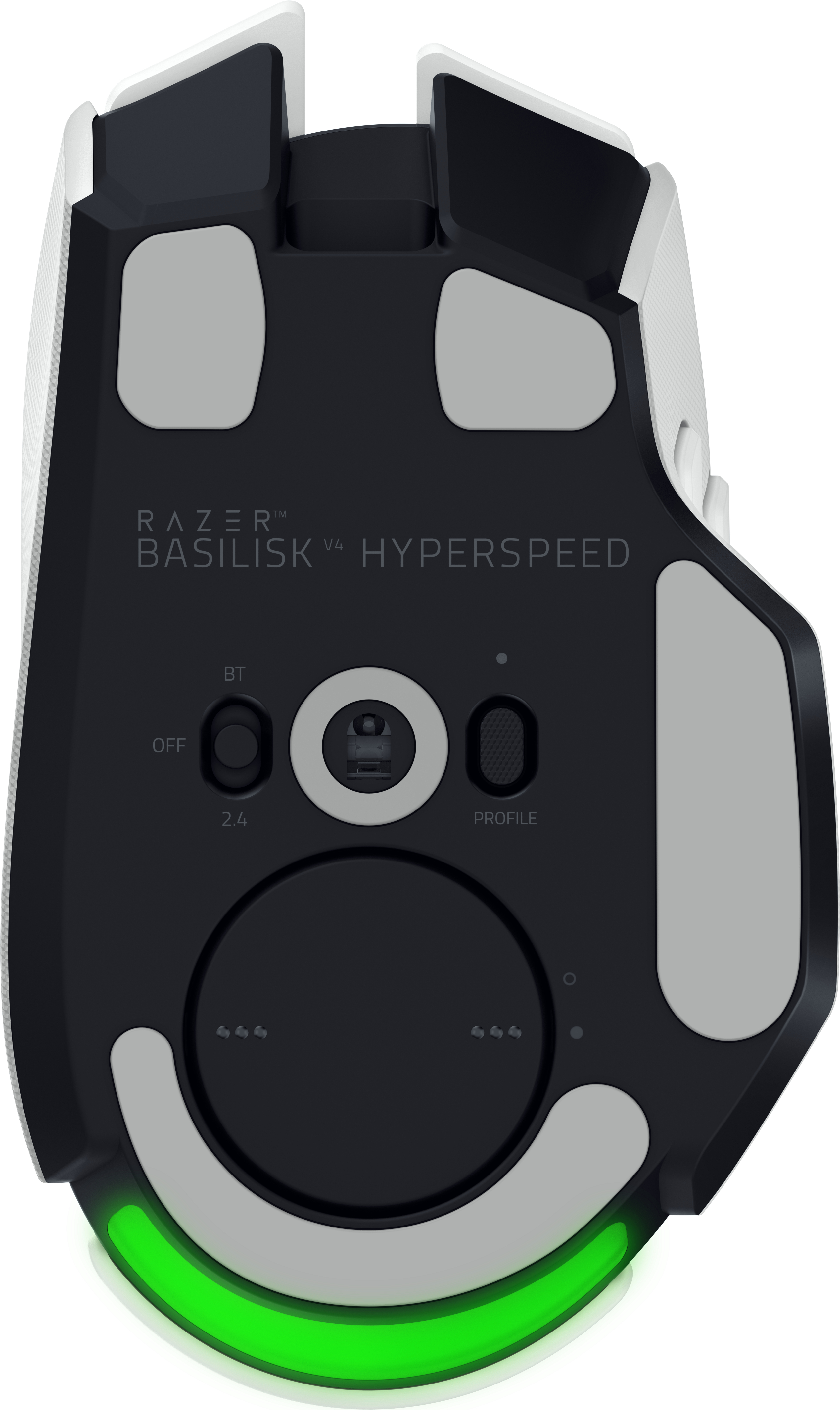 Unterseite einer Razer Basilisk V4 Hyperspeed Maus mit Sensoren, Schaltern und grüner LED-Beleuchtung.