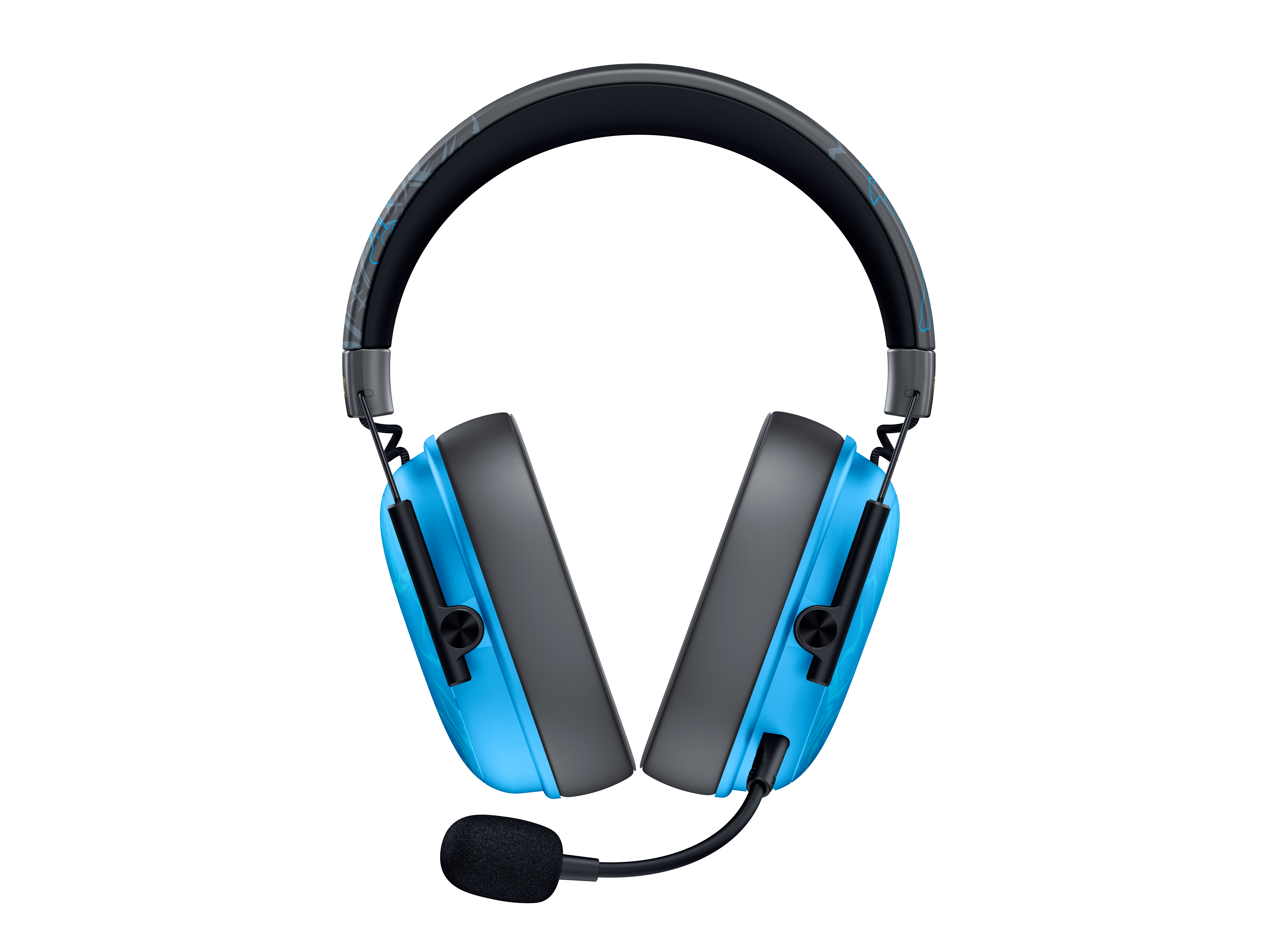 Blaue und schwarze Over-Ear-Gaming-Headset mit angebrachtem Mikrofon auf weißem Hintergrund.