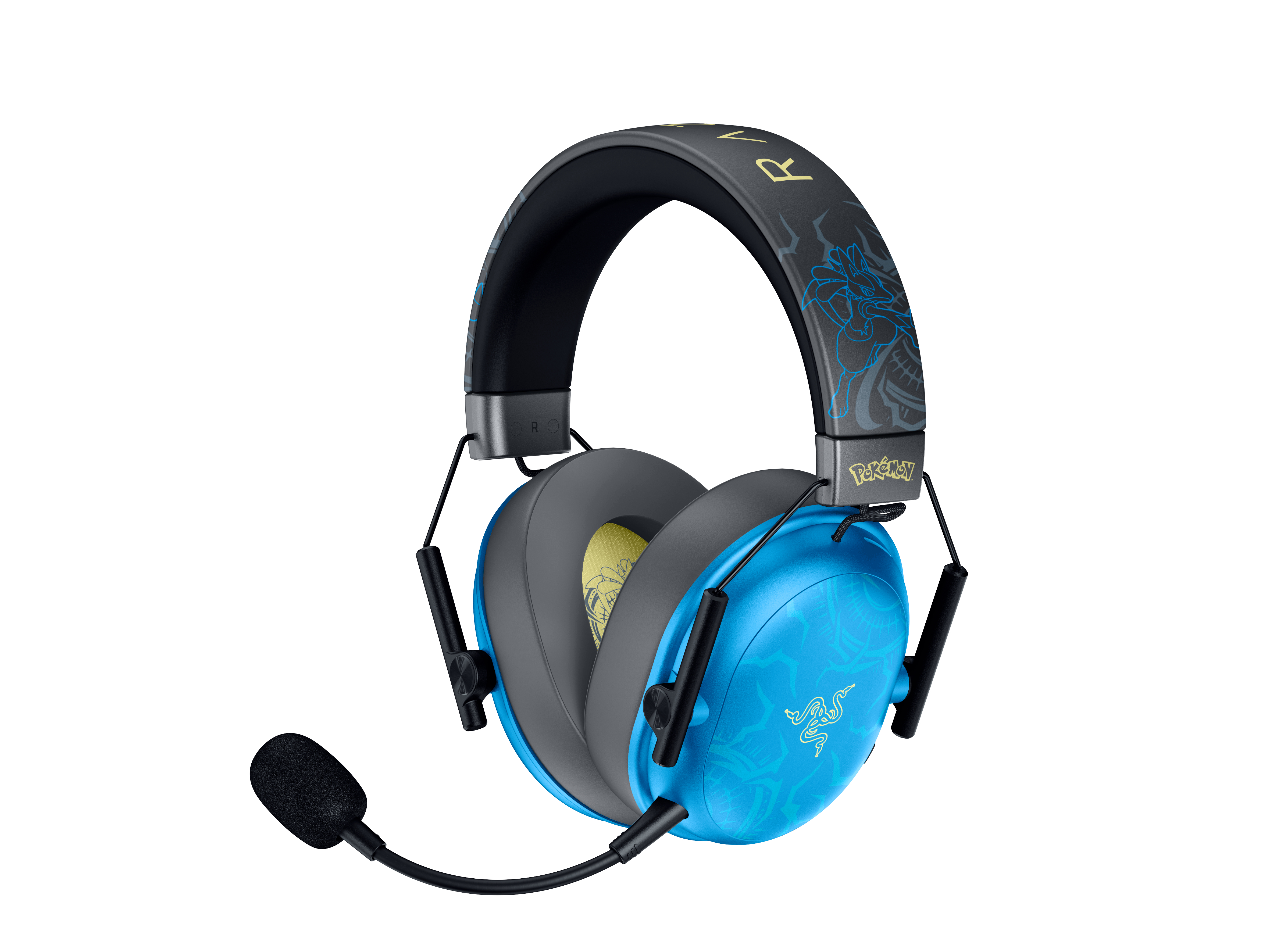 Blaue Gaming-Kopfhörer mit Mikrofon und Pokémon-Design.