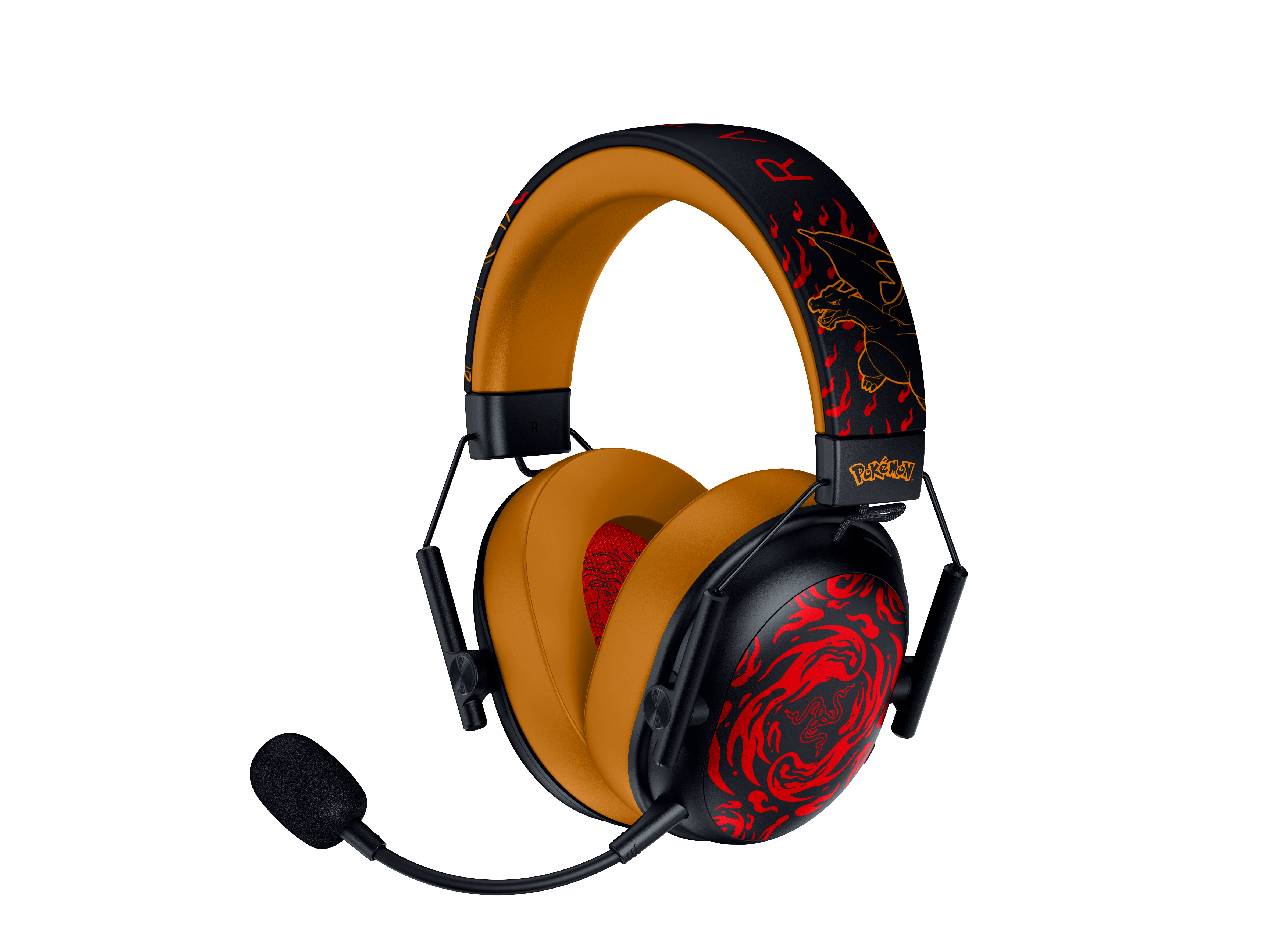 Schwarze und orangefarbene Gaming-Kopfhörer mit Pokémon-Charizard-Design und Mikrofon.
