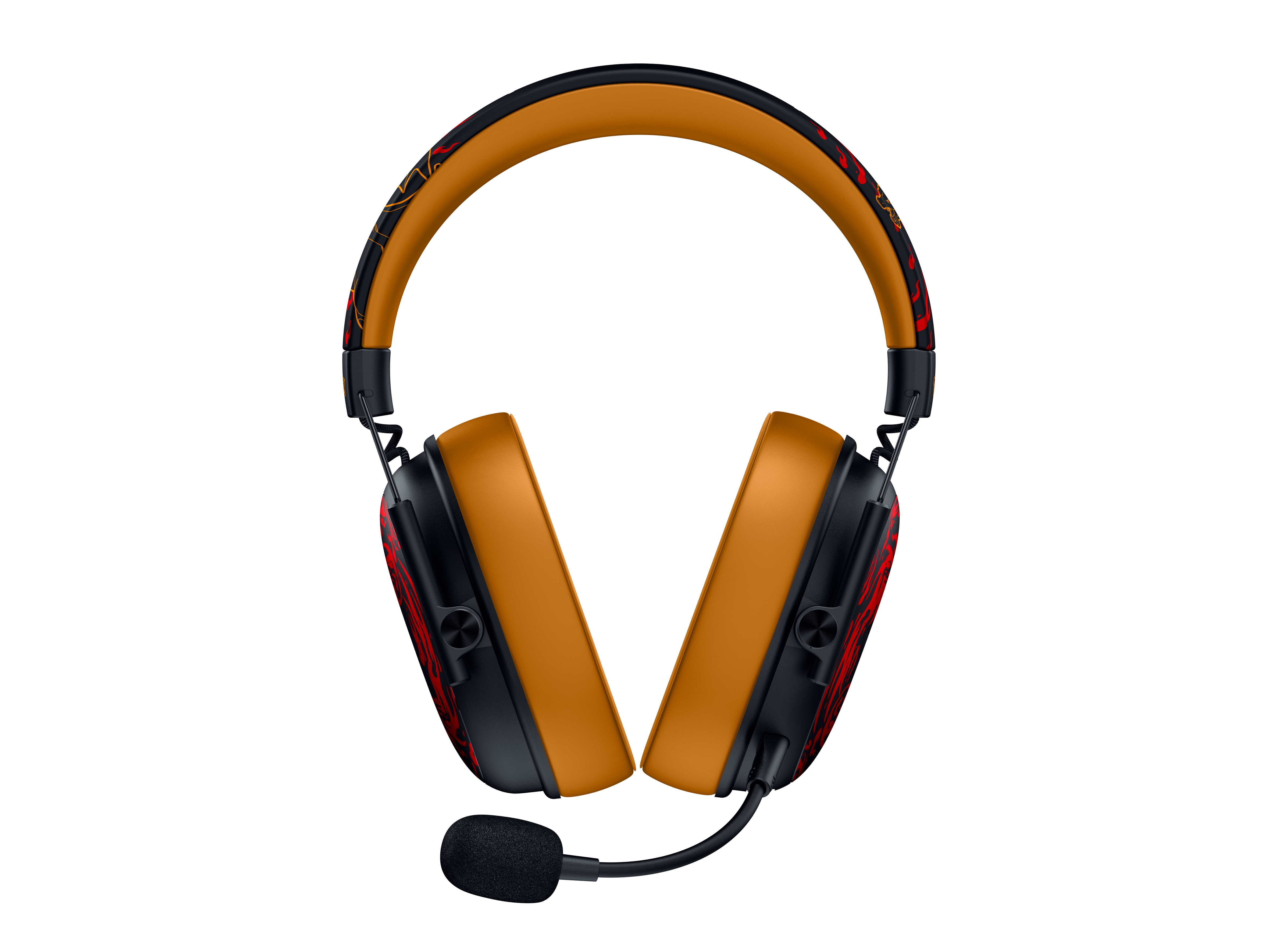 Schwarze und orangefarbene Gaming-Headset mit rotem Muster und Mikrofon auf weißem Grund.