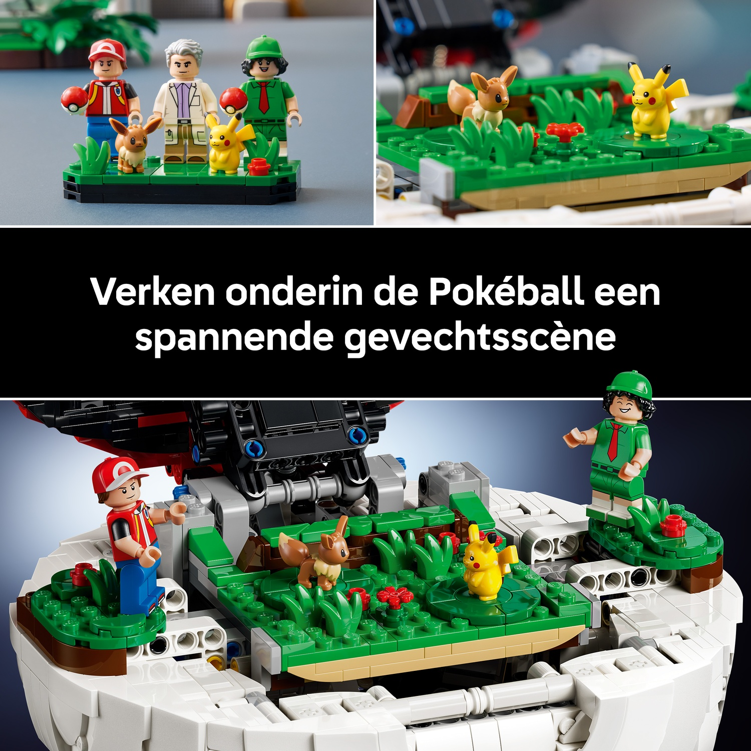 Lego Pokemon-set met Ash, professor Oak en Brock met Eevee en Pikachu in een open Pokeball.