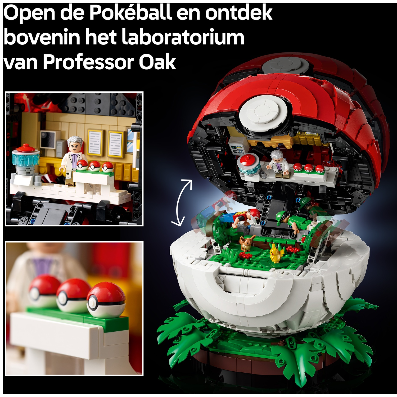Lego set van een open Pokébal met het laboratorium van professor Oak, minifiguren, Eevee en Pikachu.