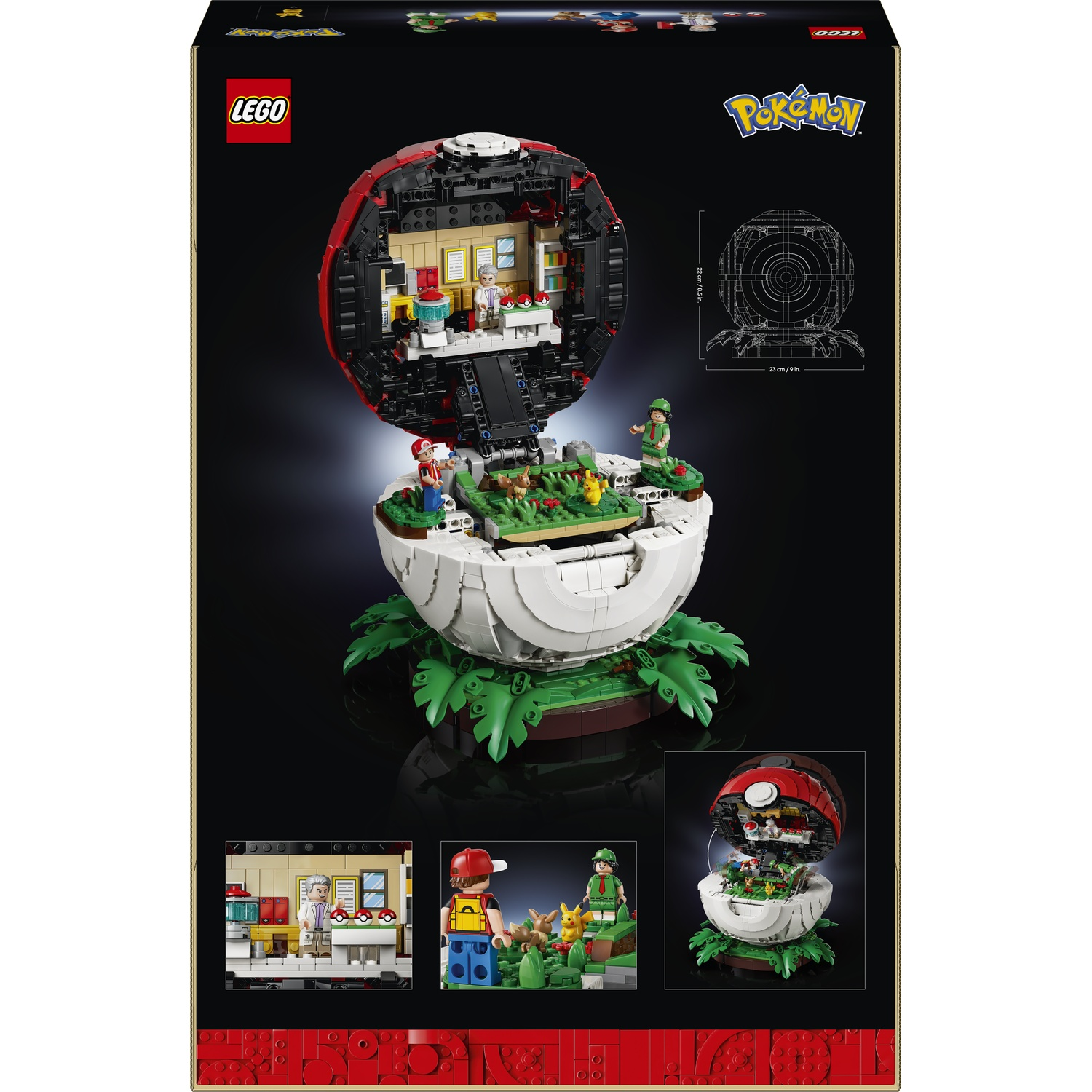 Lego Pokémon-set met een open Pokéball met minifiguren en een gedetailleerde labscène.