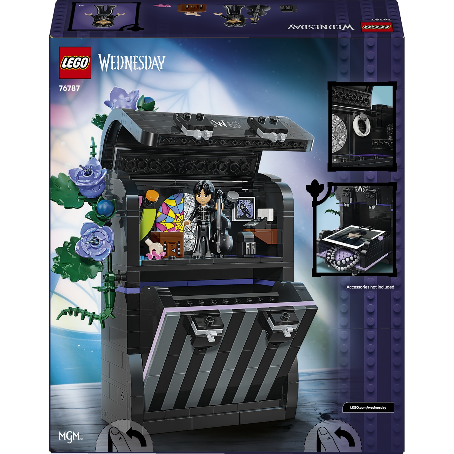 Lego Wednesday doosset met zwart ontwerp, blauwe bloemen en een minifiguur binnenin.