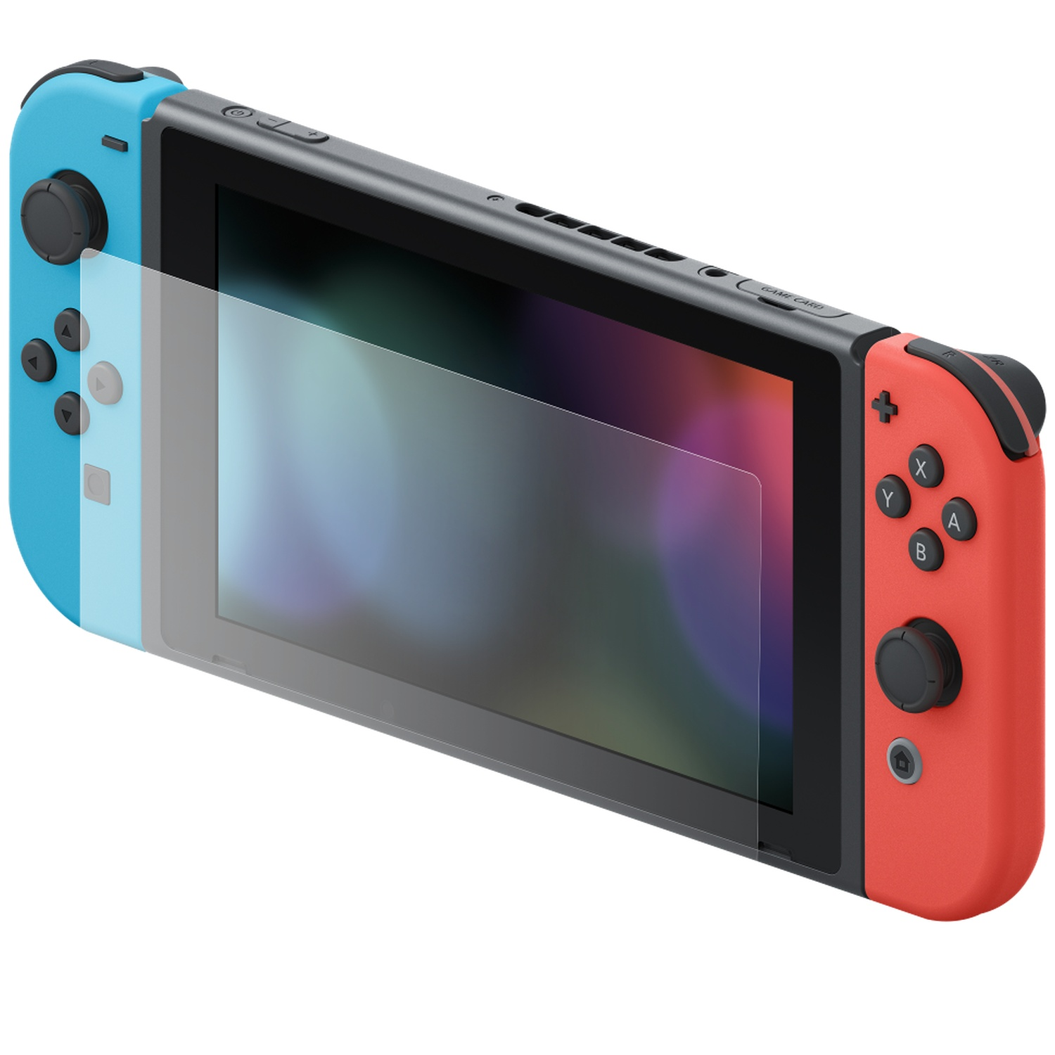 A handheld Nintendo Switch console with a blue and a red Joy-Con controller against a white background.