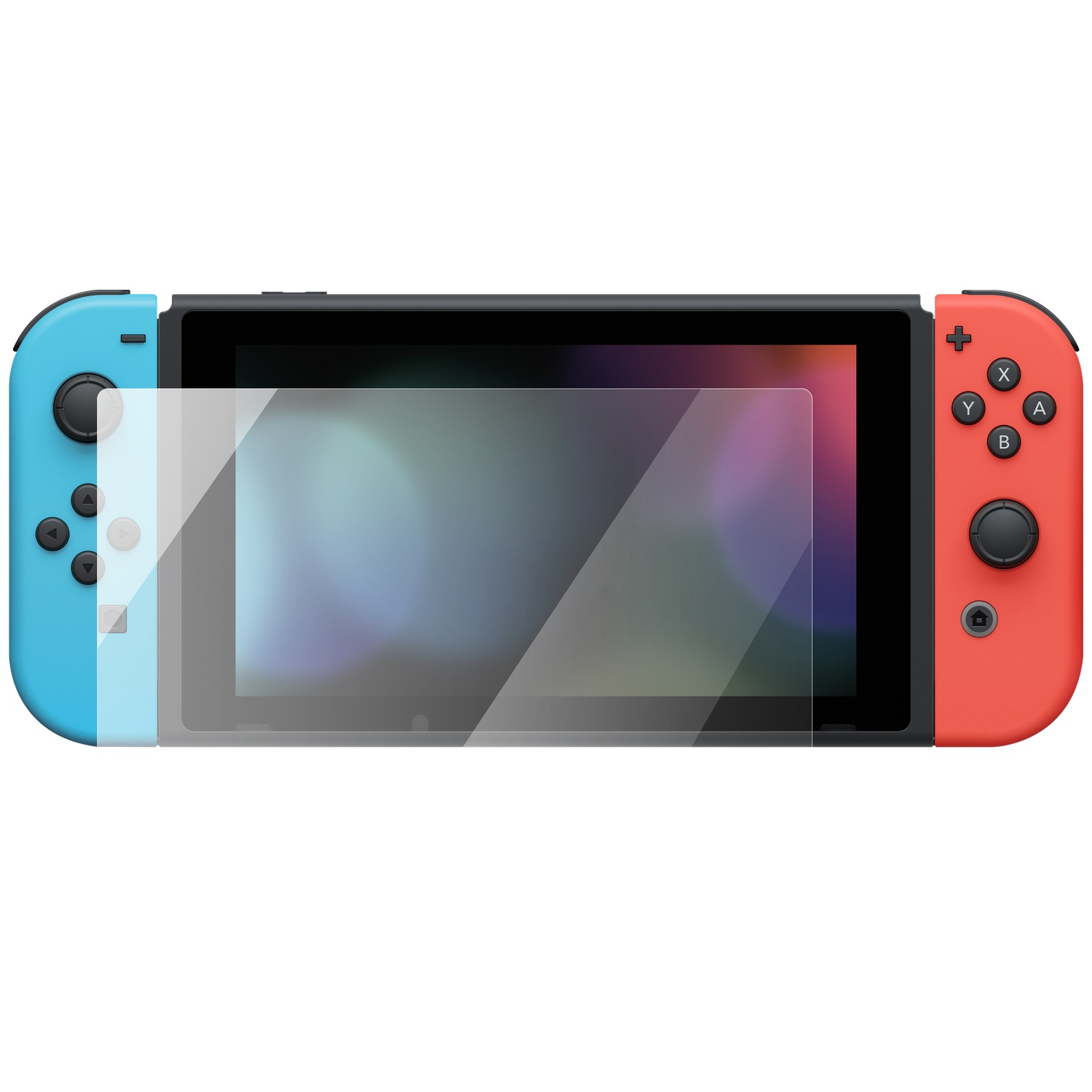A Nintendo Switch console with blue and red Joy-Con controllers and a screen protector.
