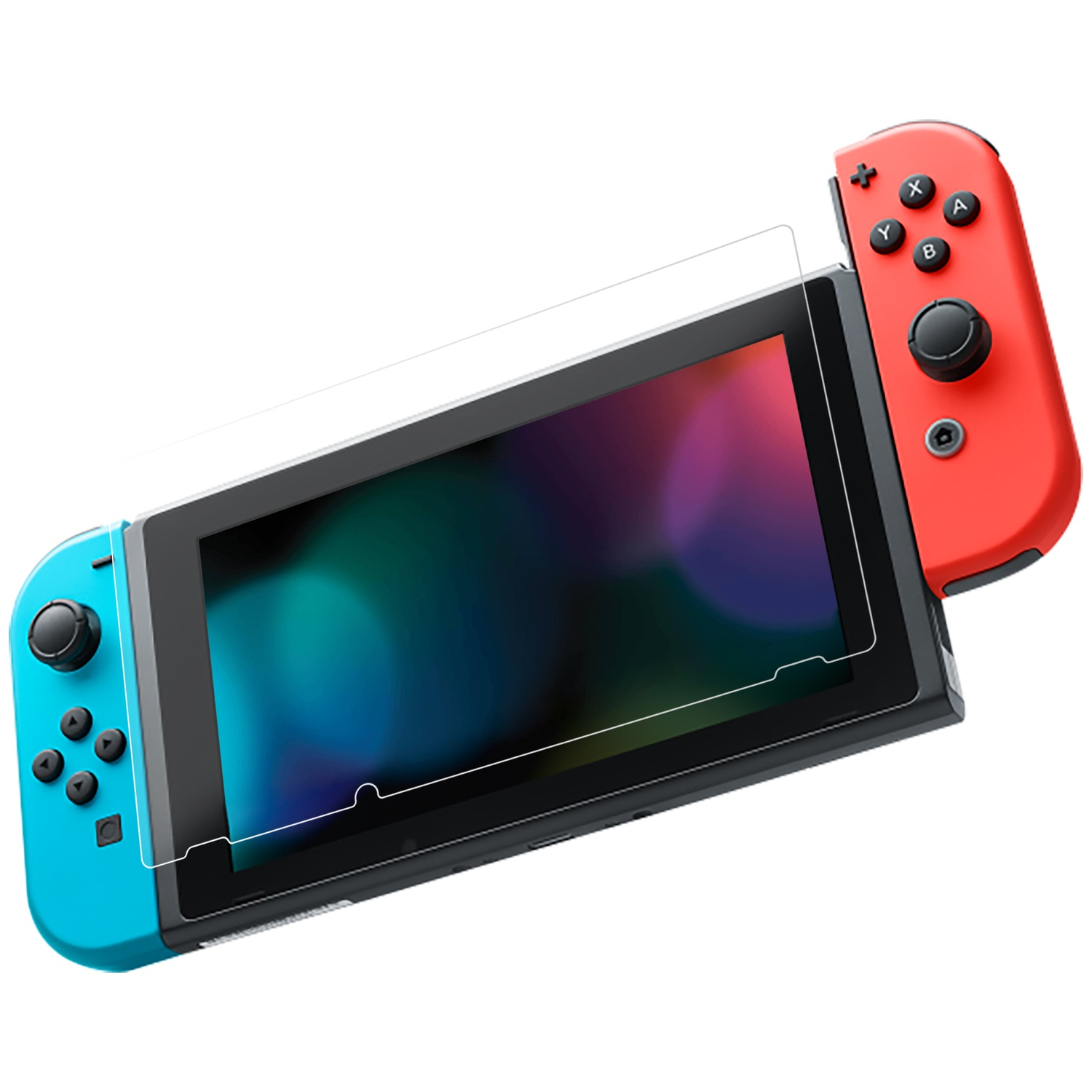 Nintendo Switch console featuring blue and red Joy-Con controllers and a screen protector.