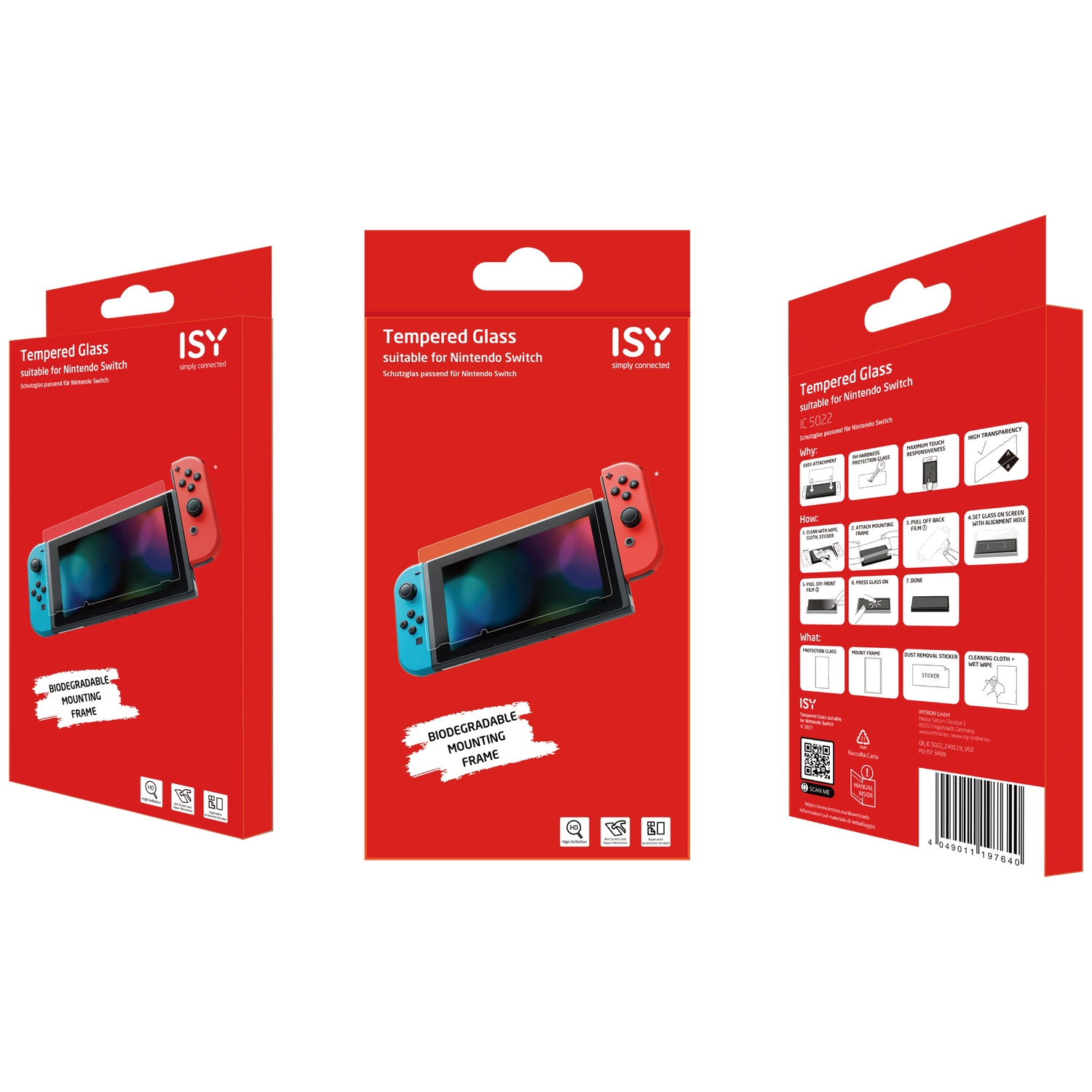 Red packaging for ISY Tempered Glass screen protector for Nintendo Switch with biodegradable mounting frame.