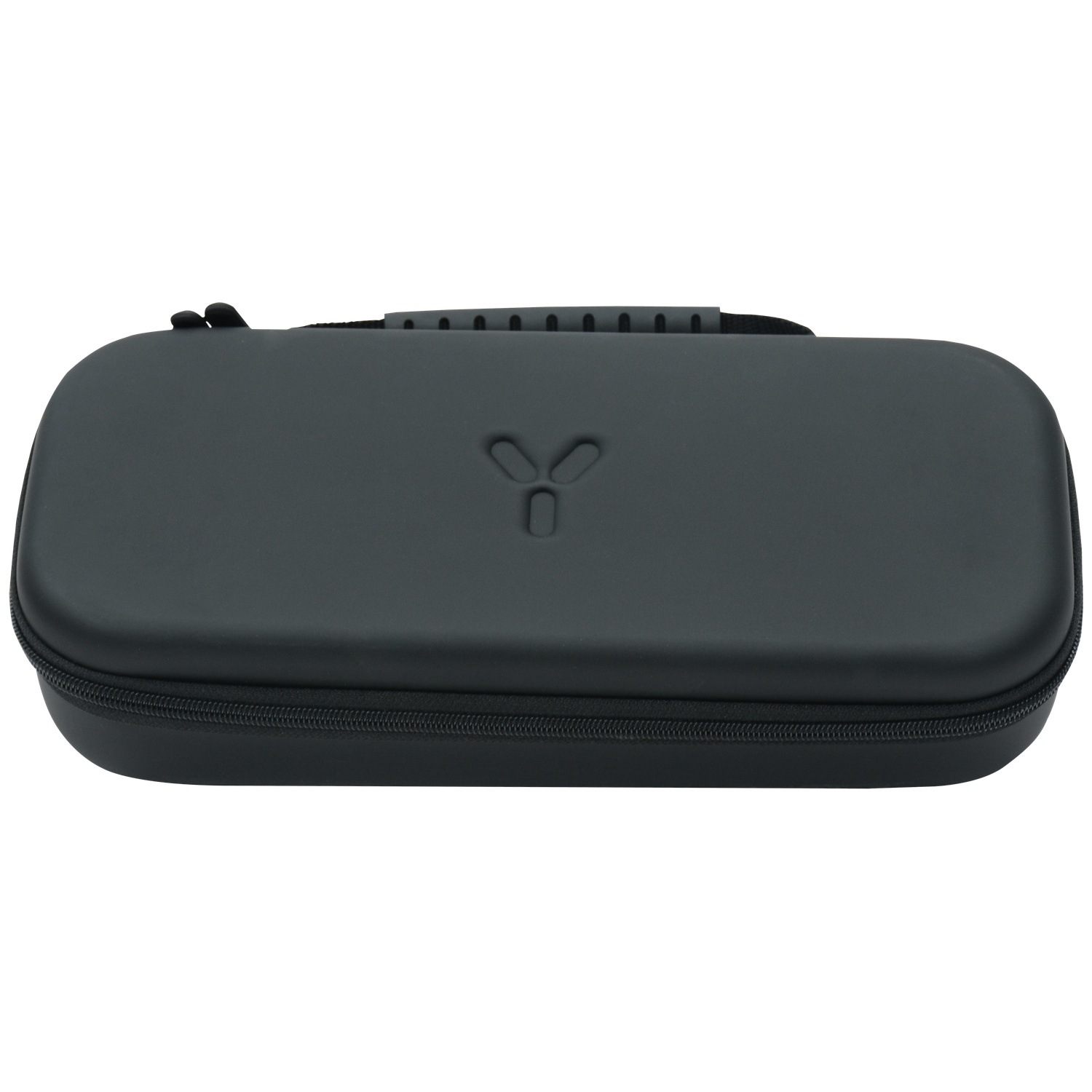 A black rectangular storage case with a zipper and a subtle logo on the top against a white background.