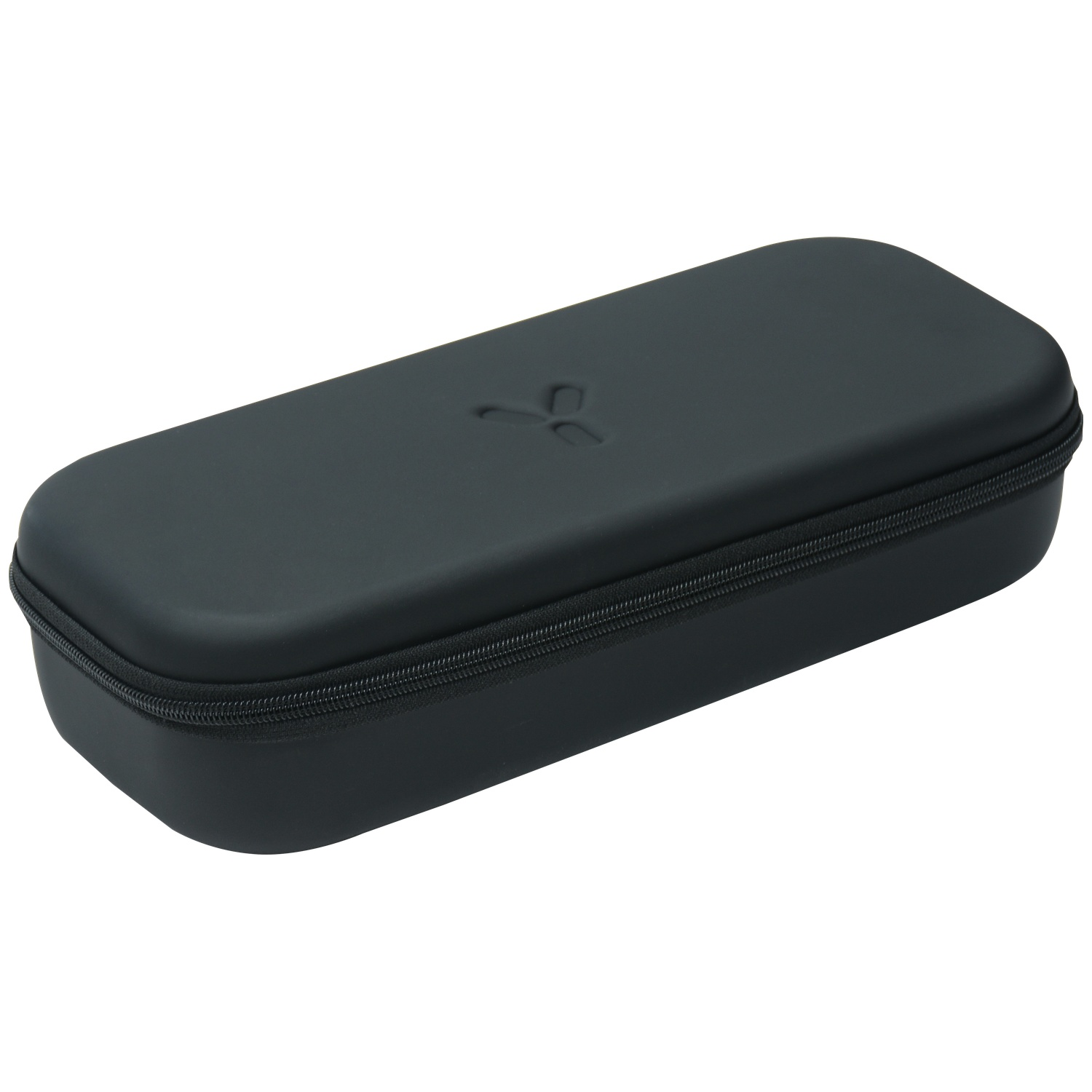 A black hard-shell case with a zipper and small brand logo on top, against a white background.