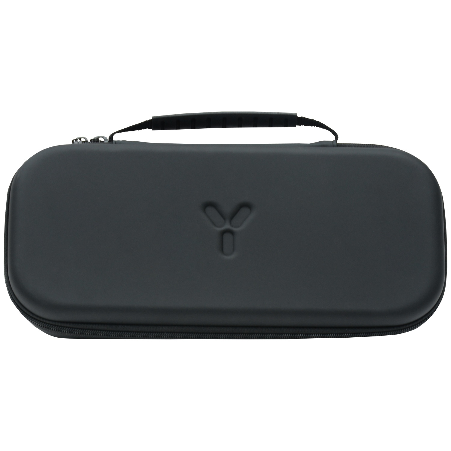 A black hard-shell carrying case featuring a brand logo on the front and a handle on top.