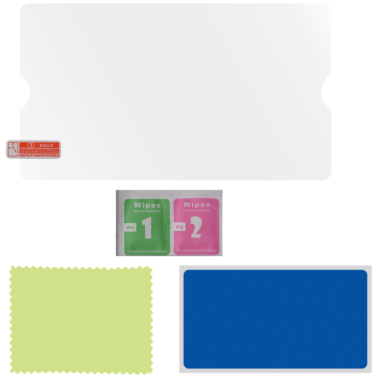 Screen protector kit with cleaning wipes, microfiber cloth, and stickers.