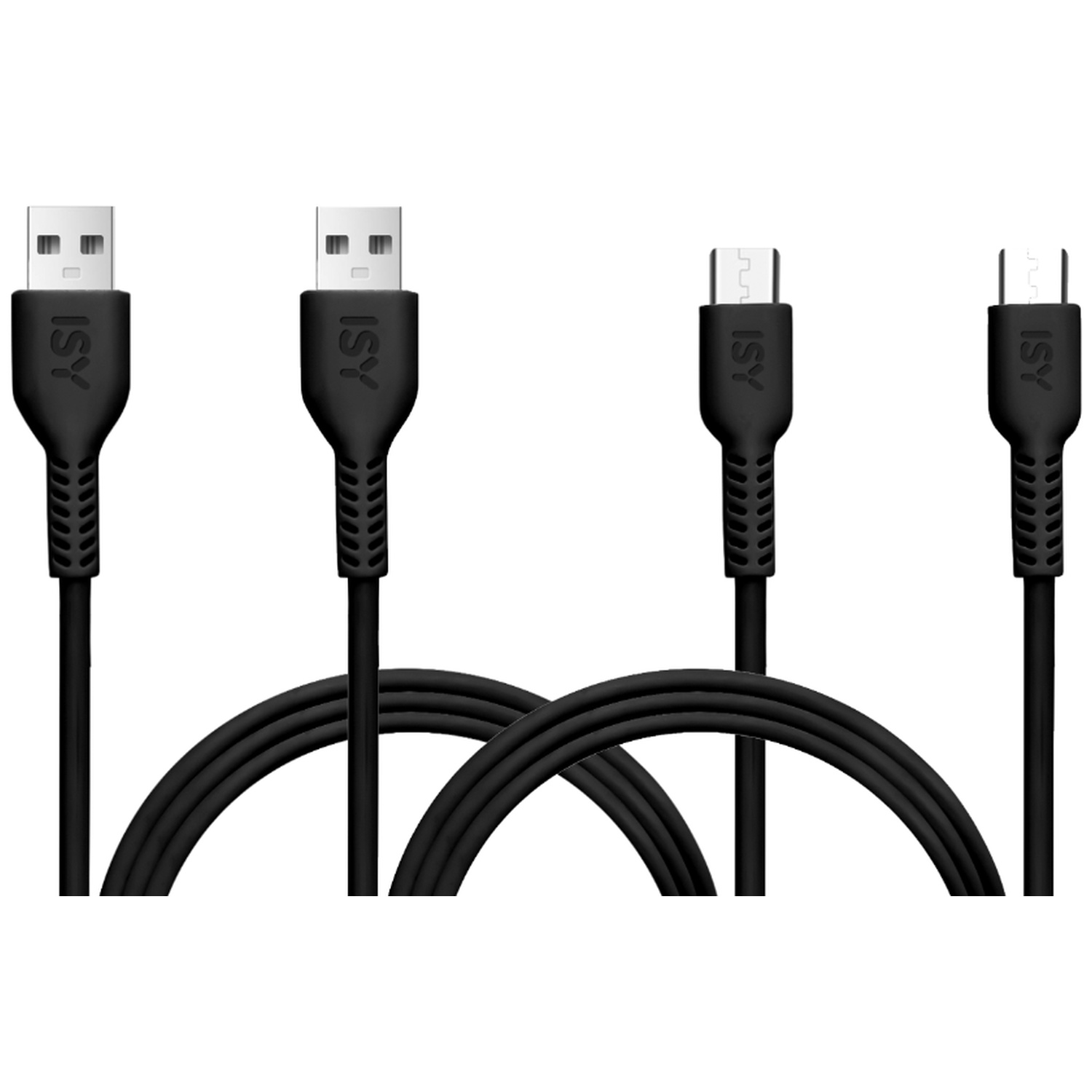 Twee zwarte USB-kabels met USB-A- en micro-USB-connectoren tegen een witte achtergrond.