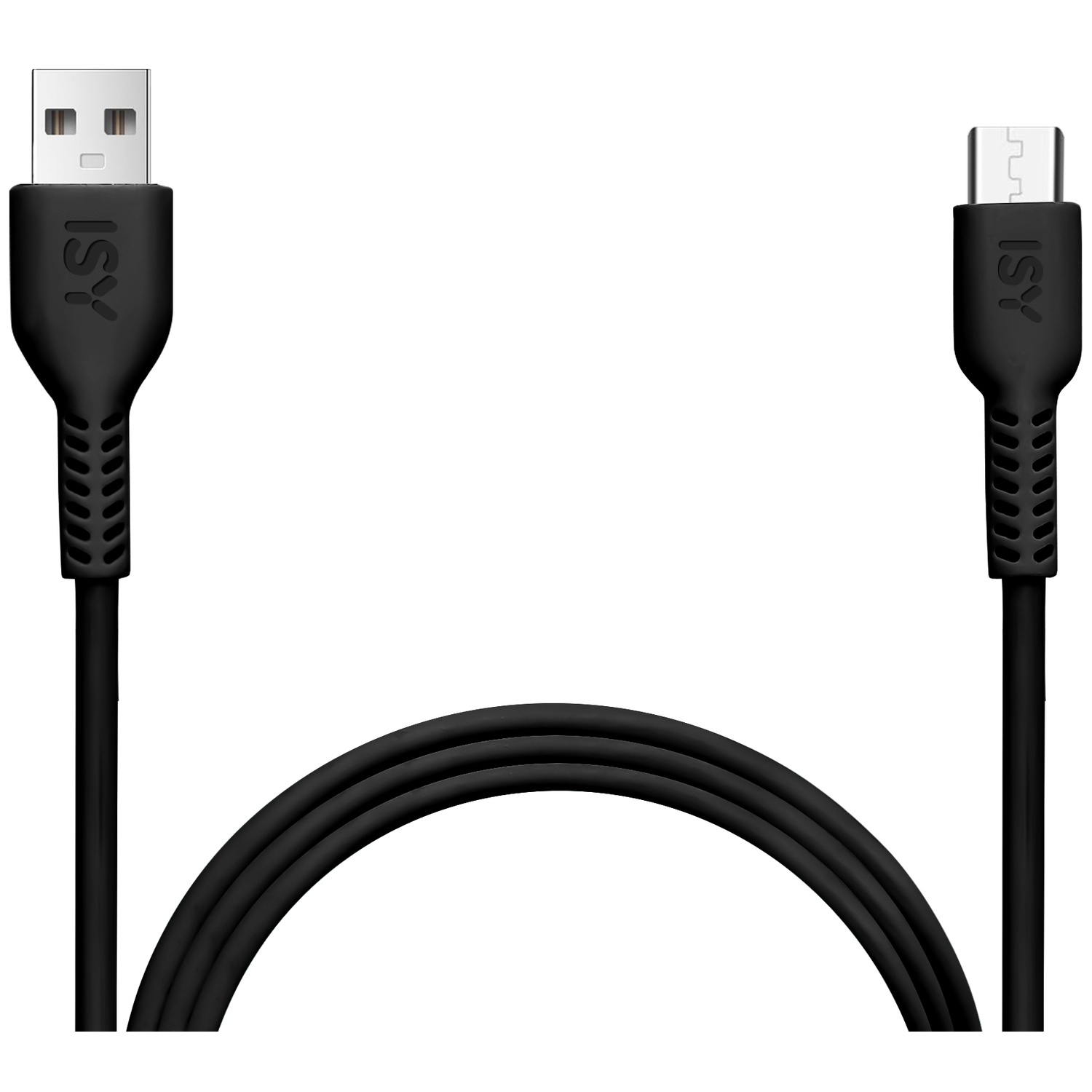 Zwarte USB-A naar Micro-USB oplaadkabel op witte achtergrond.