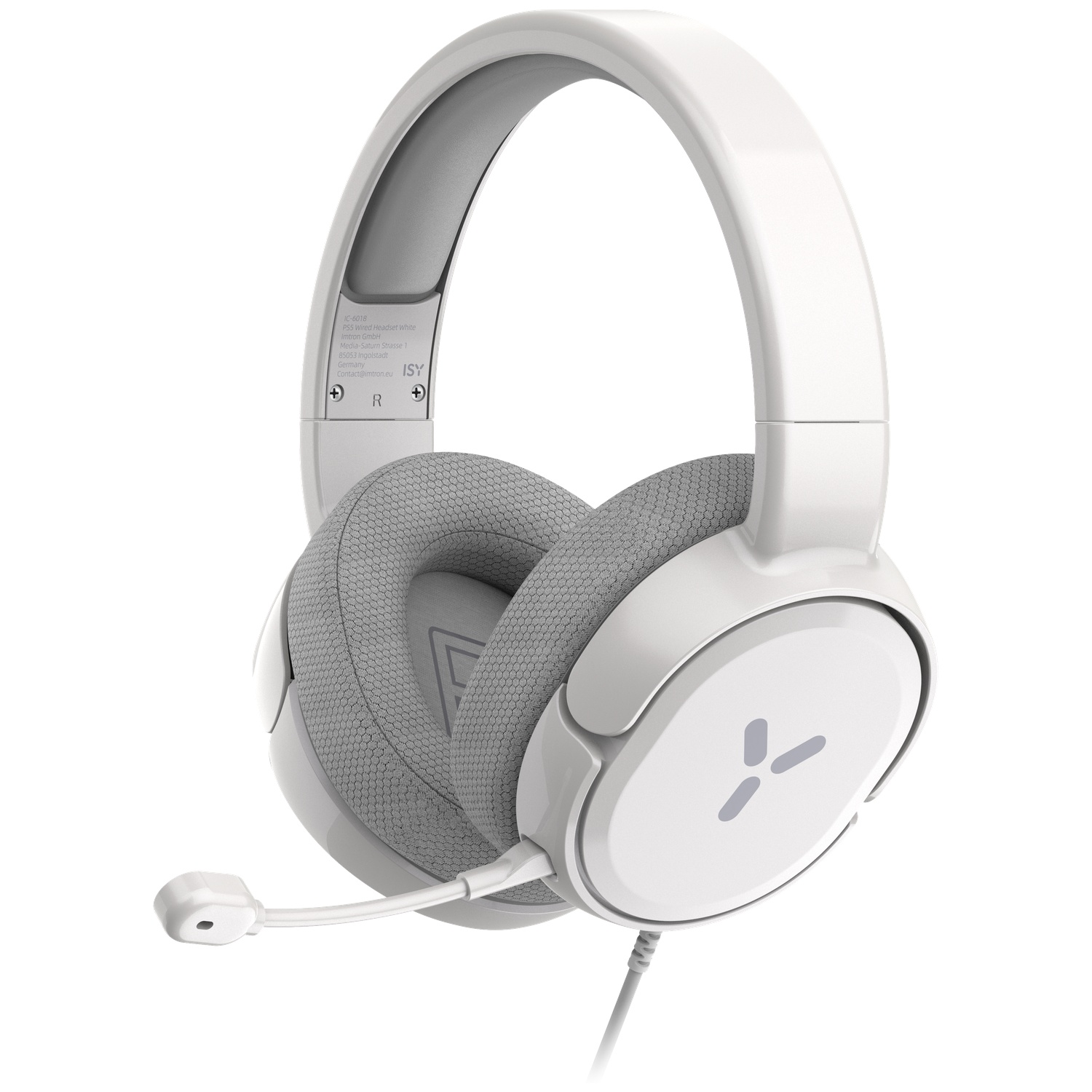 Casque de jeu supra-auriculaire filaire blanc avec coussinets en tissu gris et microphone.