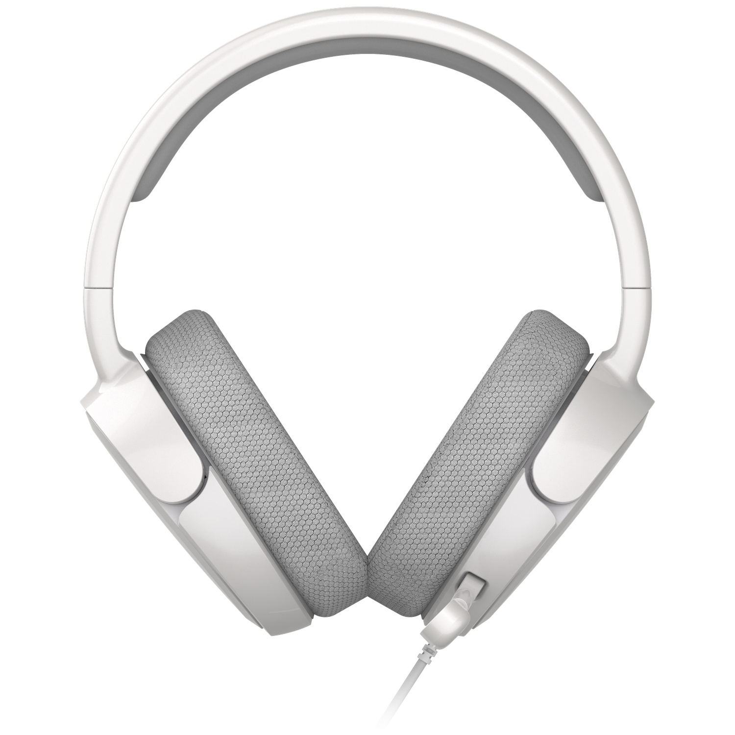 Casque supra-auriculaire blanc avec coussinets en tissu gris et câble attaché sur fond blanc.