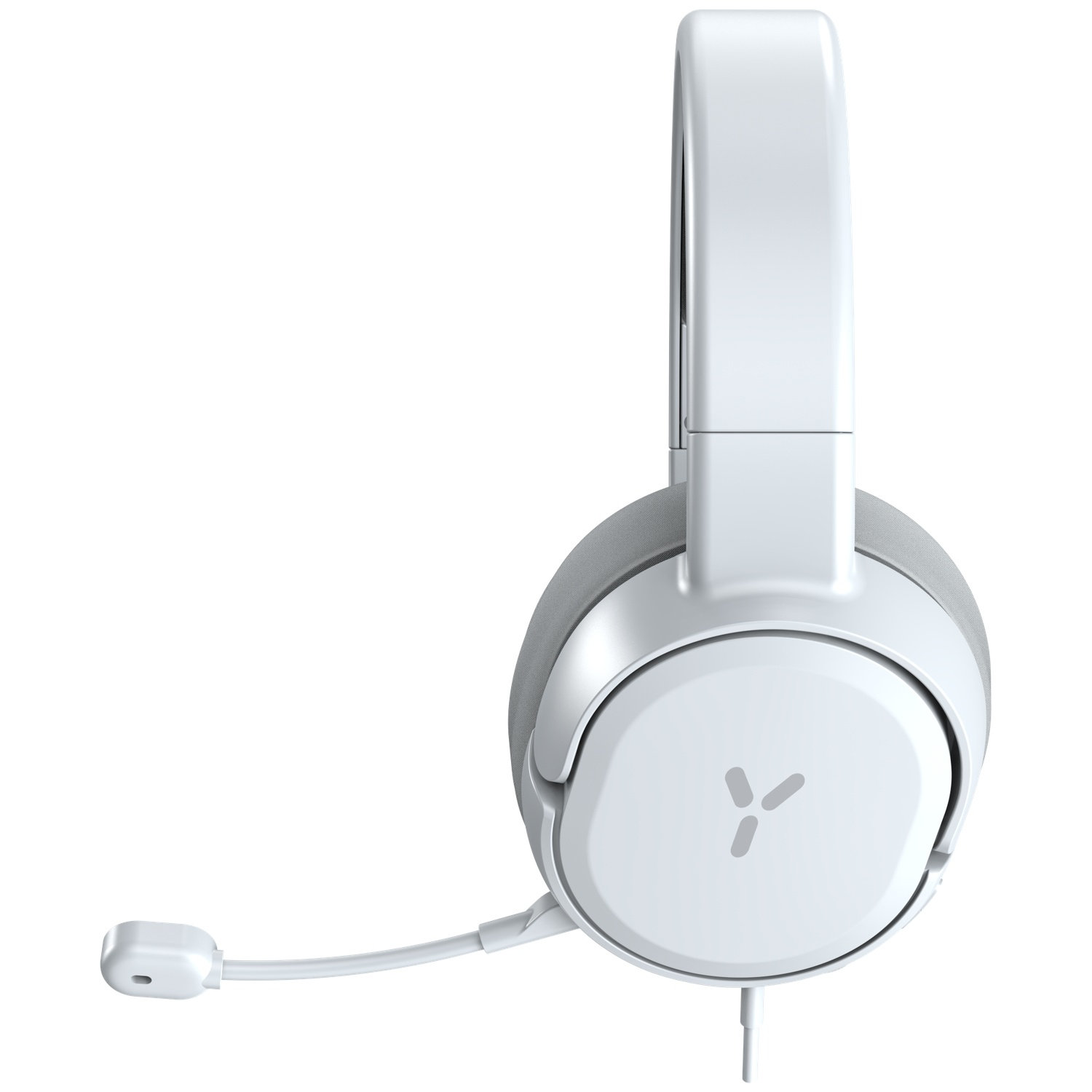 Un casque blanc avec microphone sur l'écouteur gauche, vu de profil sur fond blanc.
