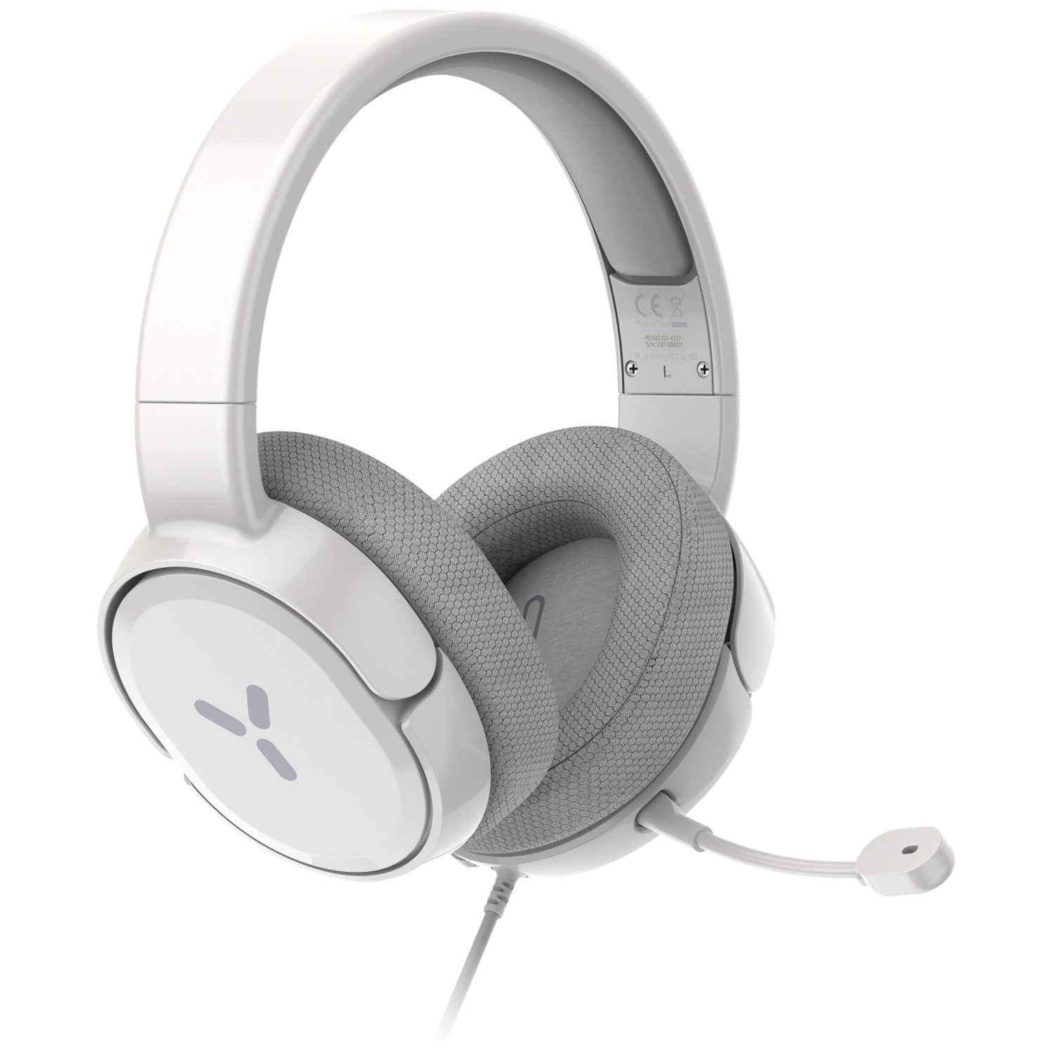 Casque supra-auriculaire blanc avec coussinets en tissu gris et perche micro sur fond blanc.