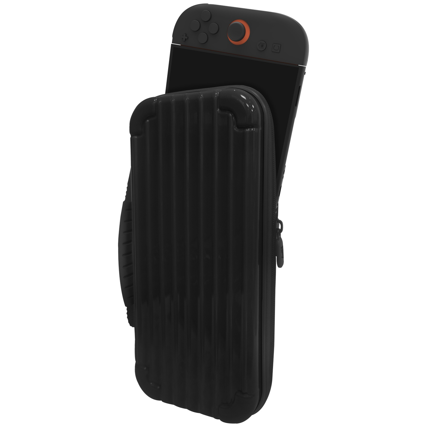 A black Nintendo Switch console inside a ribbed hard-shell travel case.