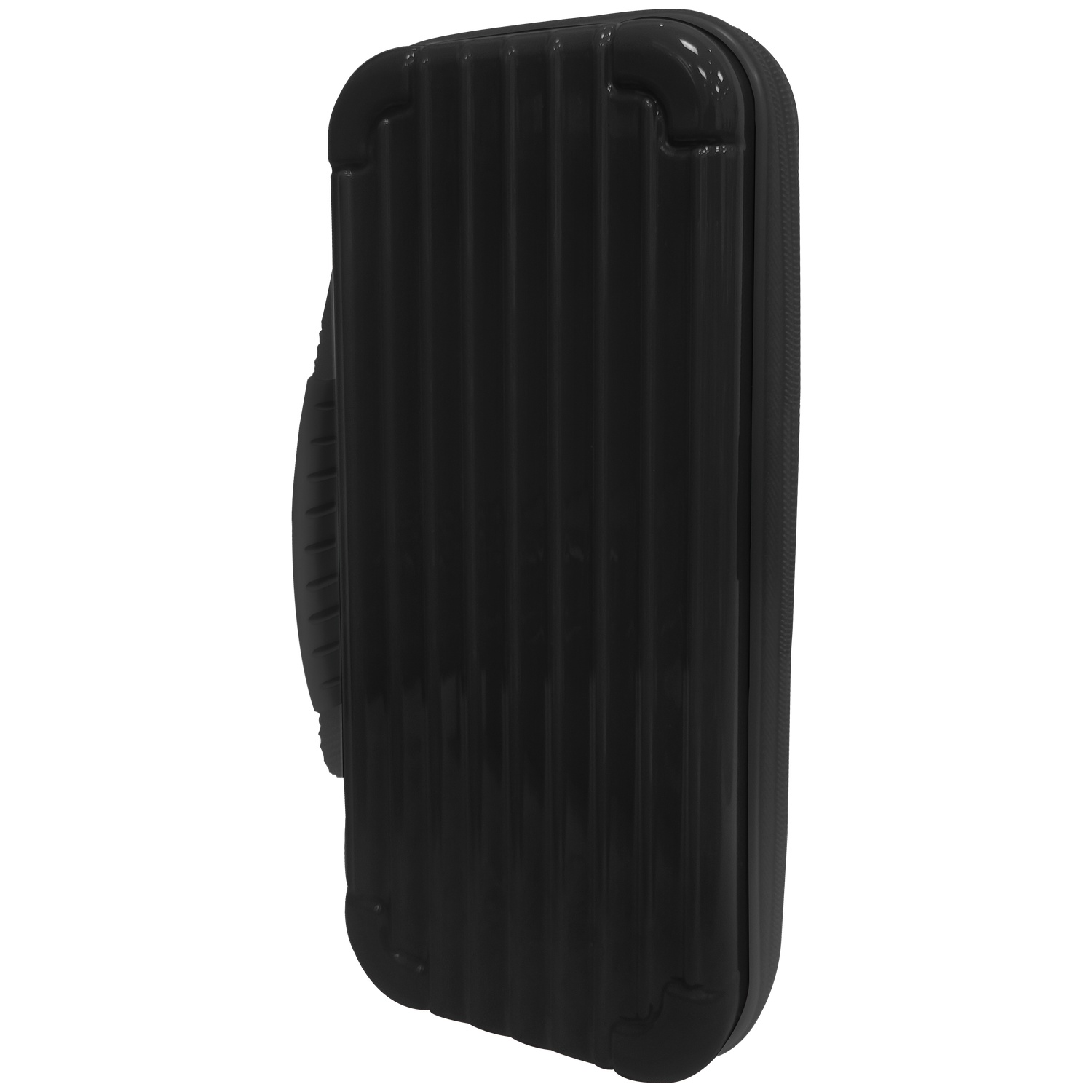 A glossy black hard-shell case with vertical grooves displayed against a white background.
