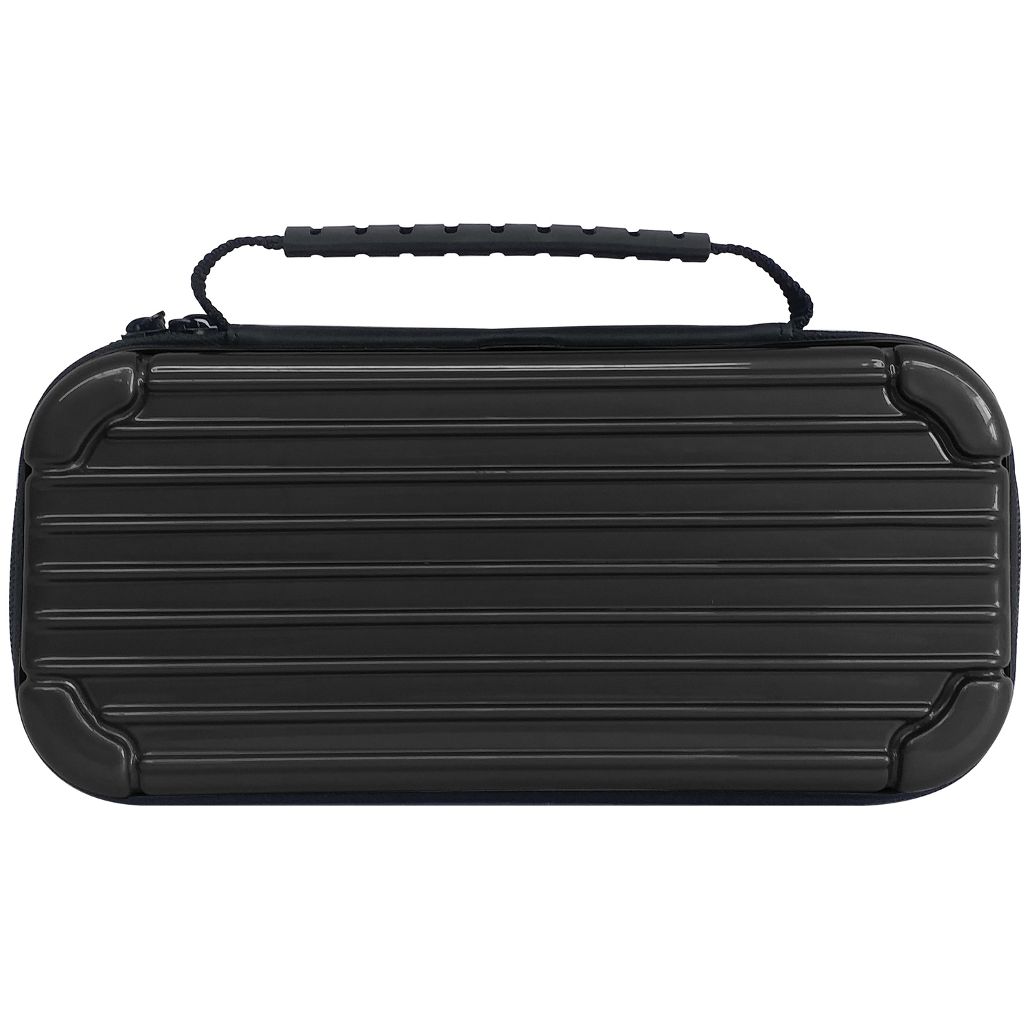 Glossy black hard-shell case featuring horizontal ridges and a convenient top carrying handle.
