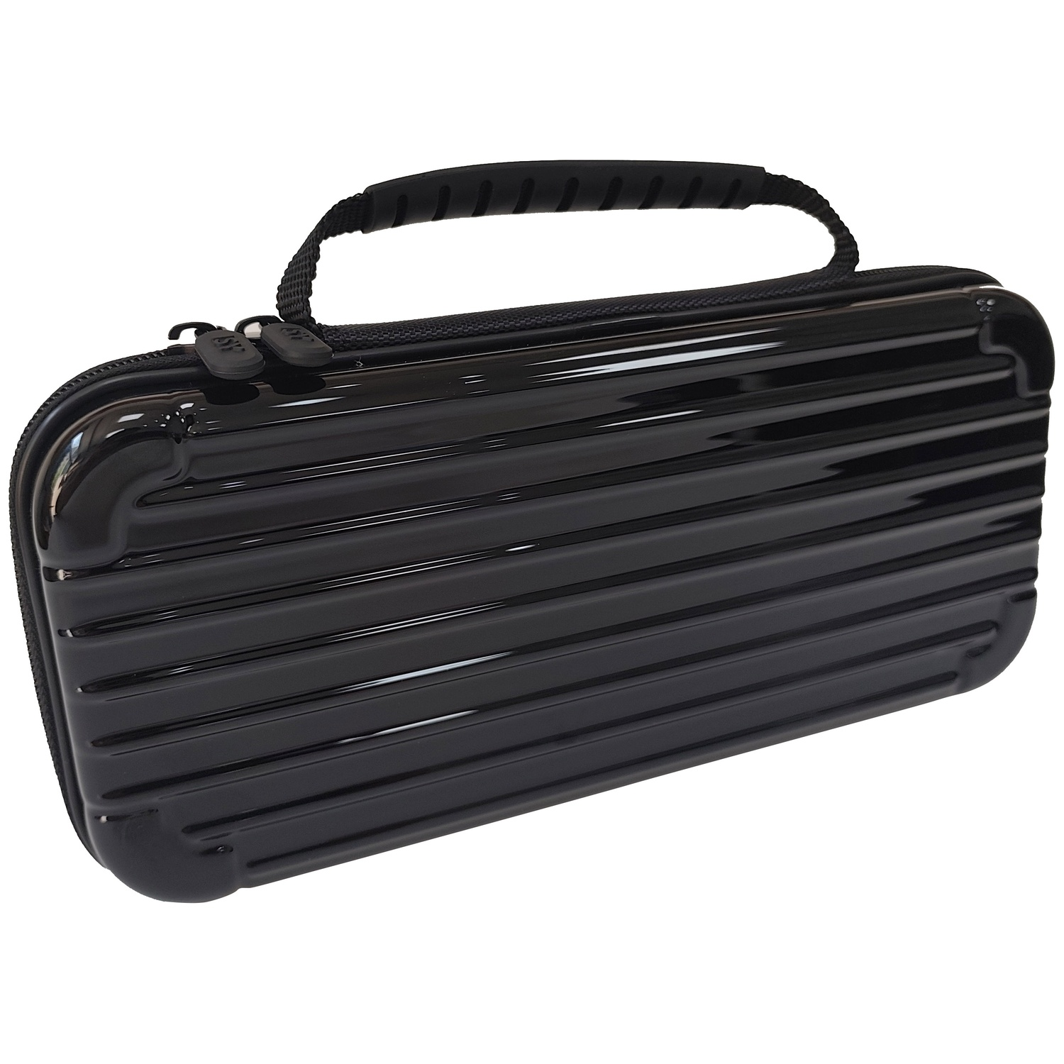 A black, glossy hard-shell carrying case with horizontal ridges and a top handle on a white background.