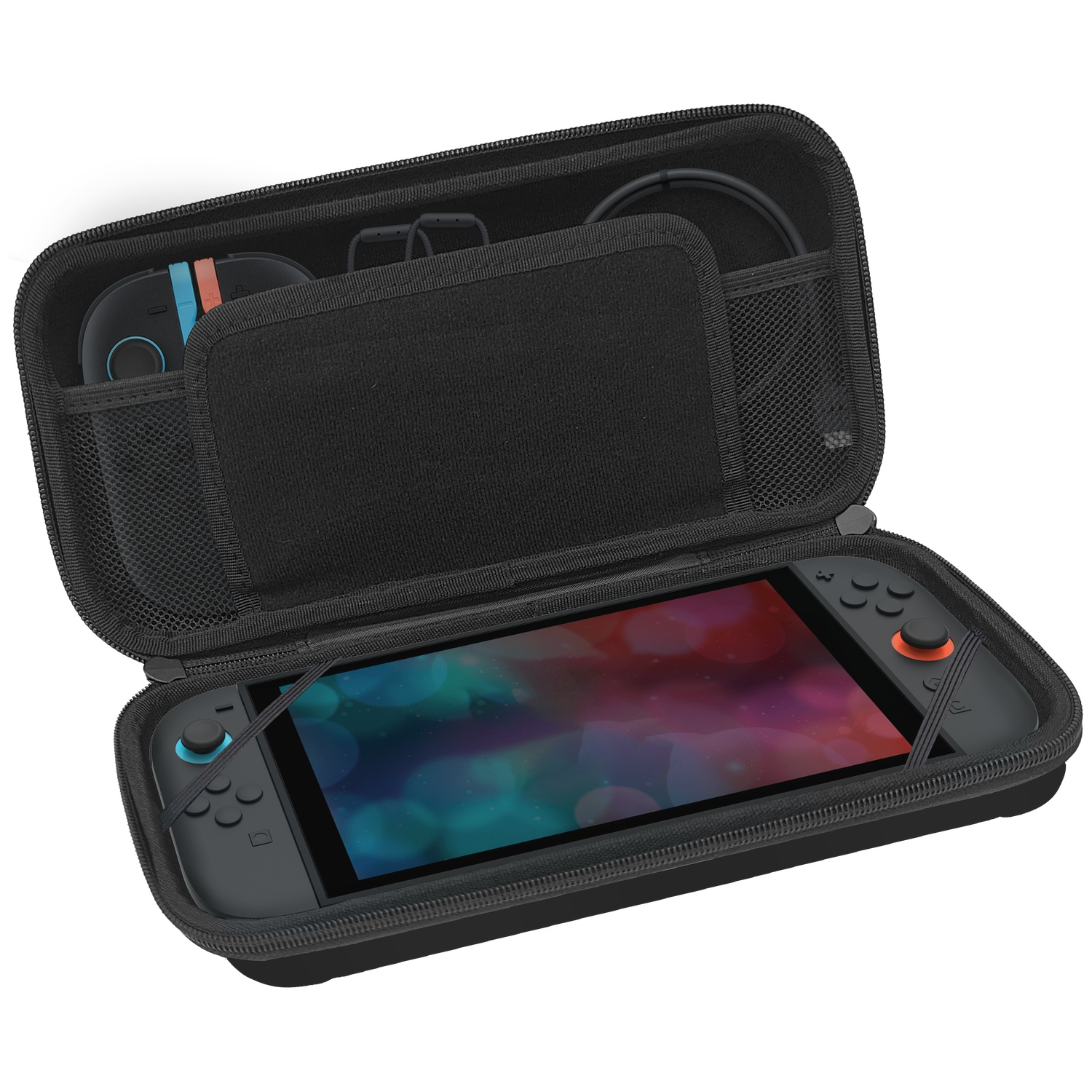Black carrying case holding a Nintendo Switch console and accessories in the top compartment.