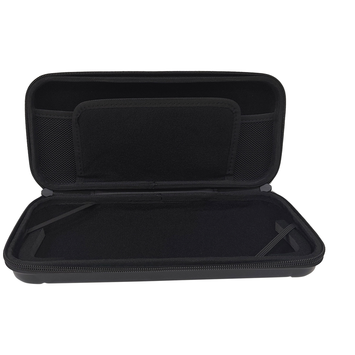An open black hard shell case with internal compartments and elastic bands against a white background.
