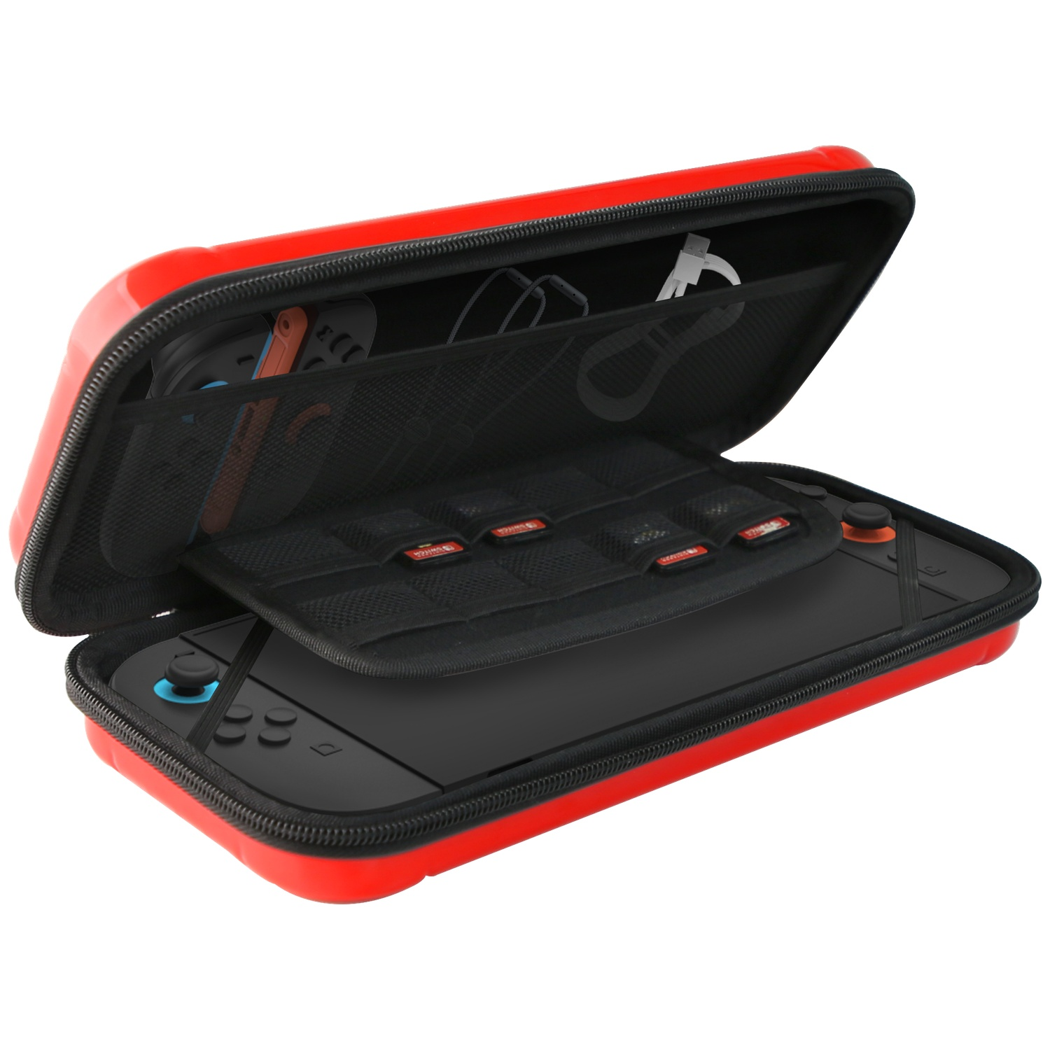 A red hard-shell carrying case with black interior contains a gaming console and accessories.