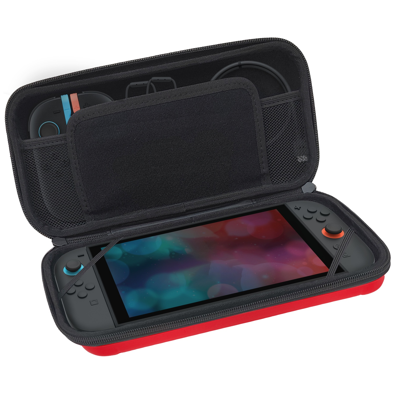 Open black and red Nintendo Switch carrying case containing the console and accessories.