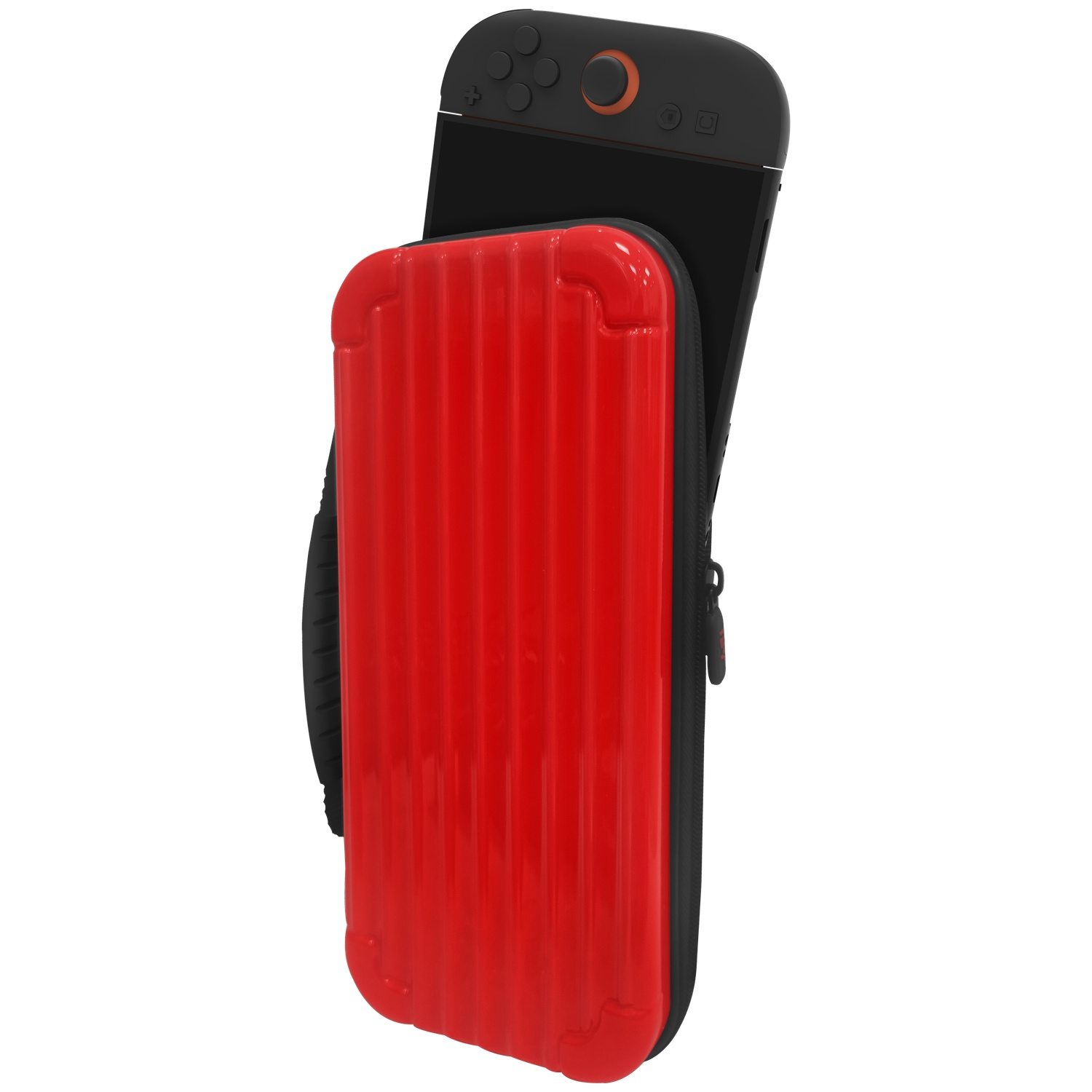 A red hard-shell case holding a black gaming console on a white background.