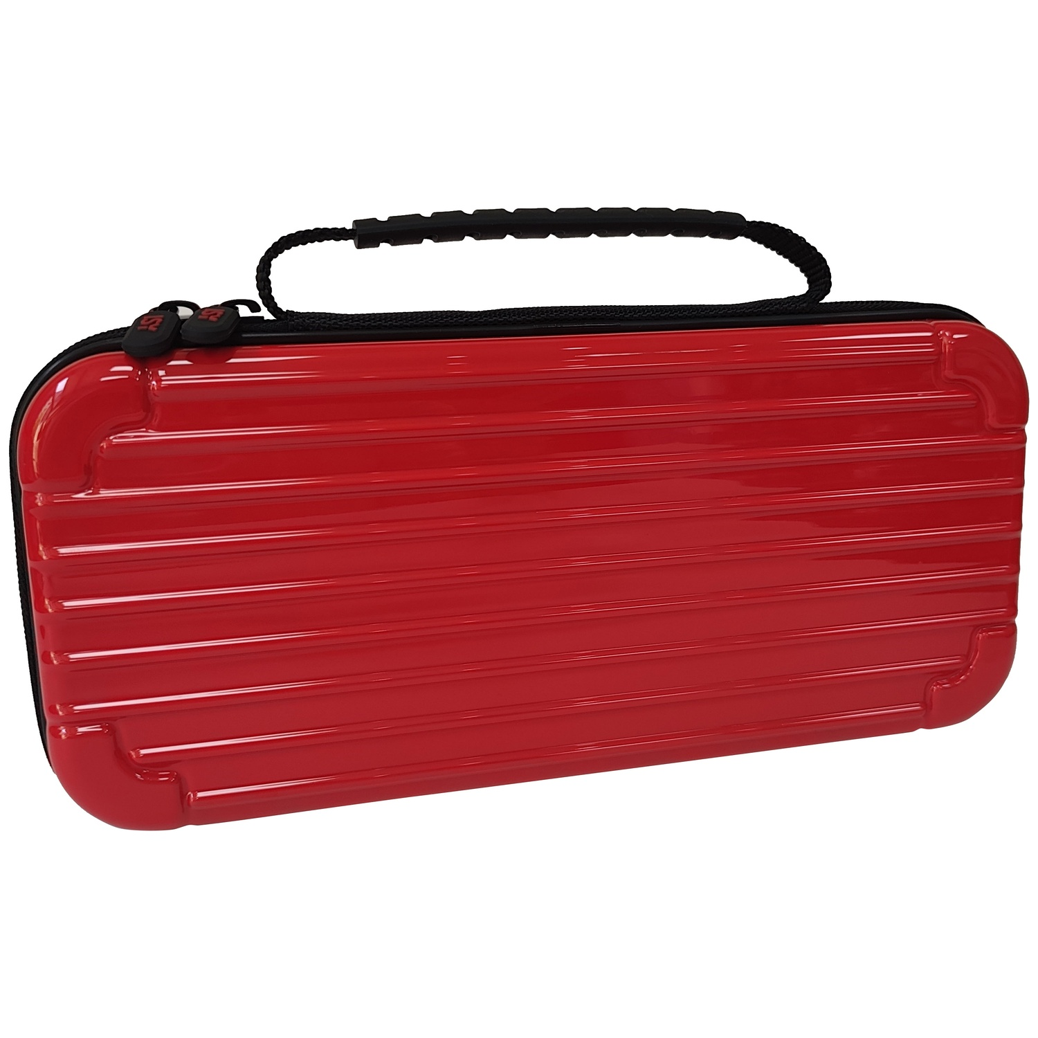 Glossy red hard-shell case with black zippers and a carrying handle against a white background.