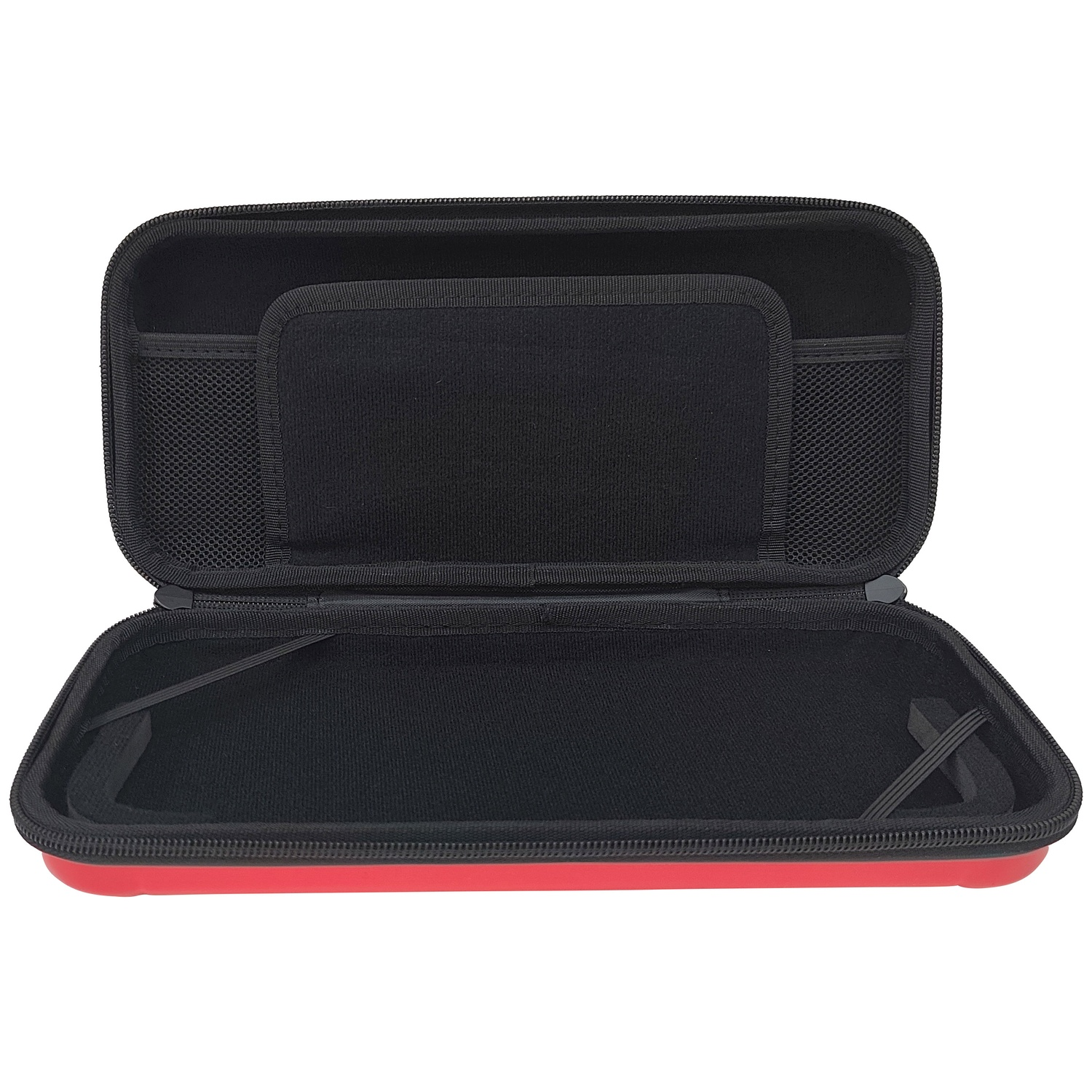 An open red and black hard-shell storage case with mesh pockets and straps inside.