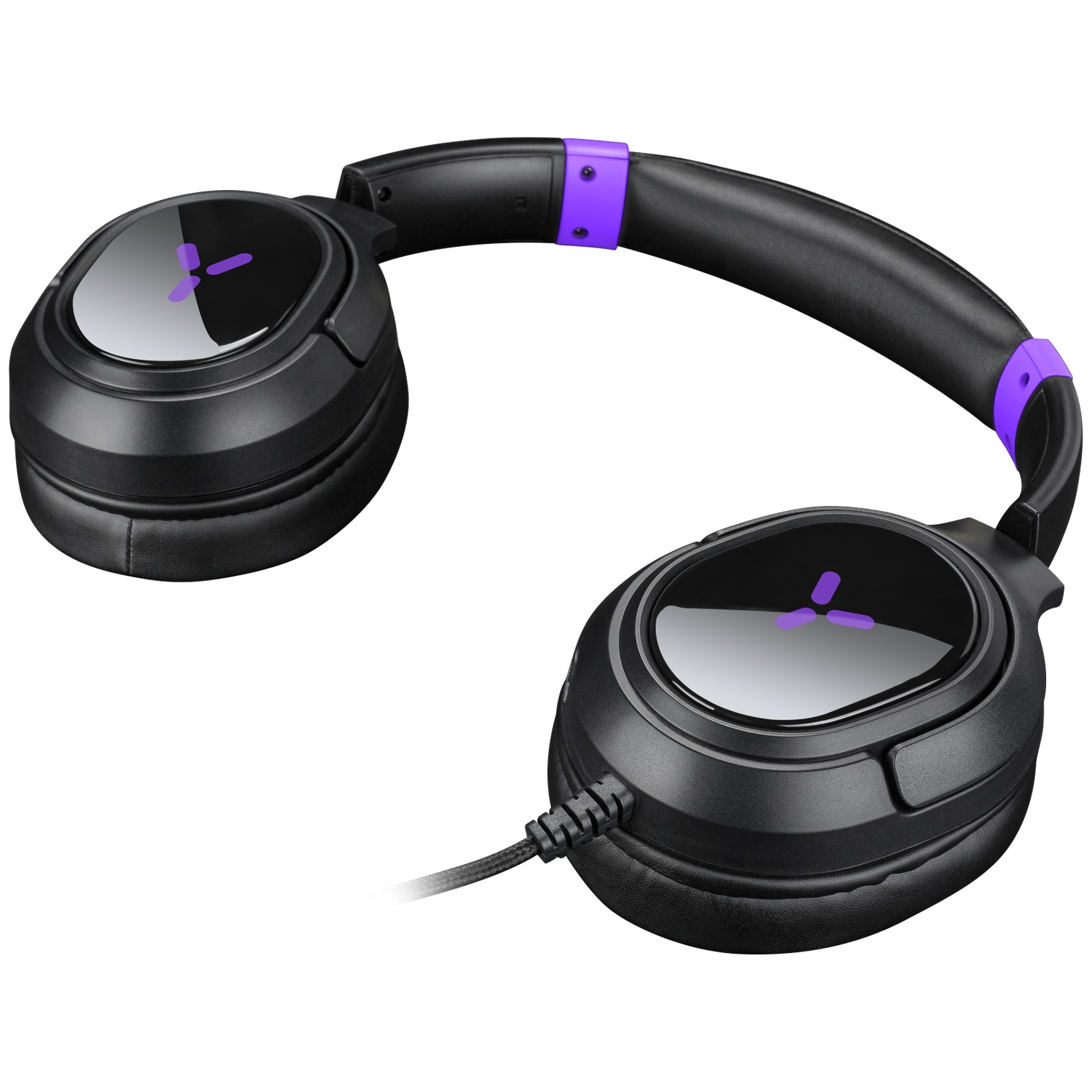 Black over-ear headphones with purple accents and an audio cable against a white background.