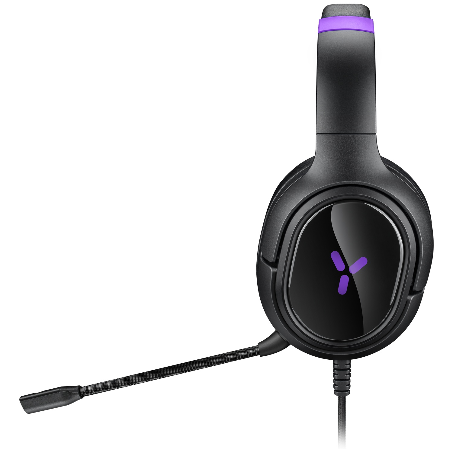 Black gaming headset with a microphone boom, vibrant purple accents, and a wired cord against a white background.