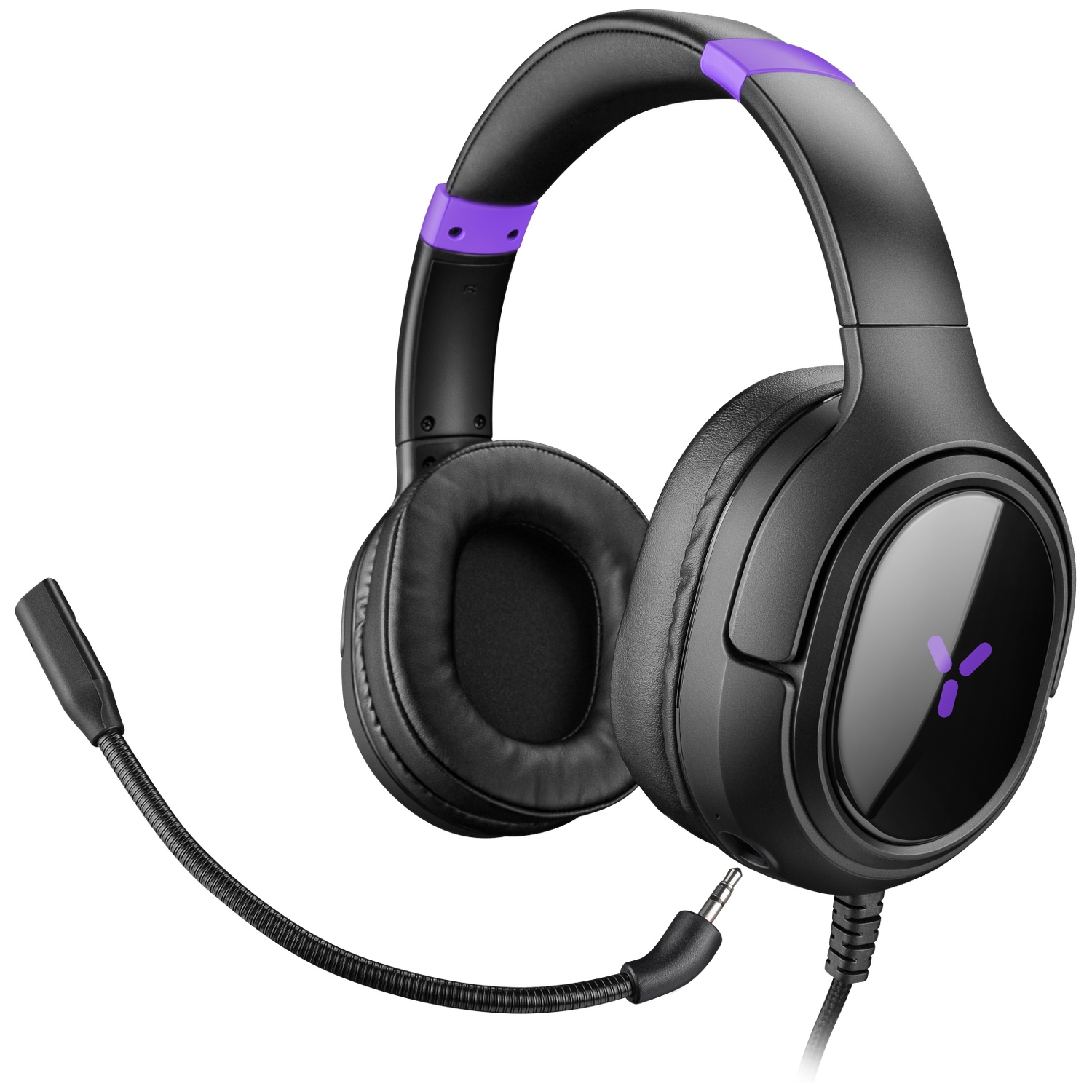 Black over-ear gaming headset with purple accents and a detachable microphone on a white background.