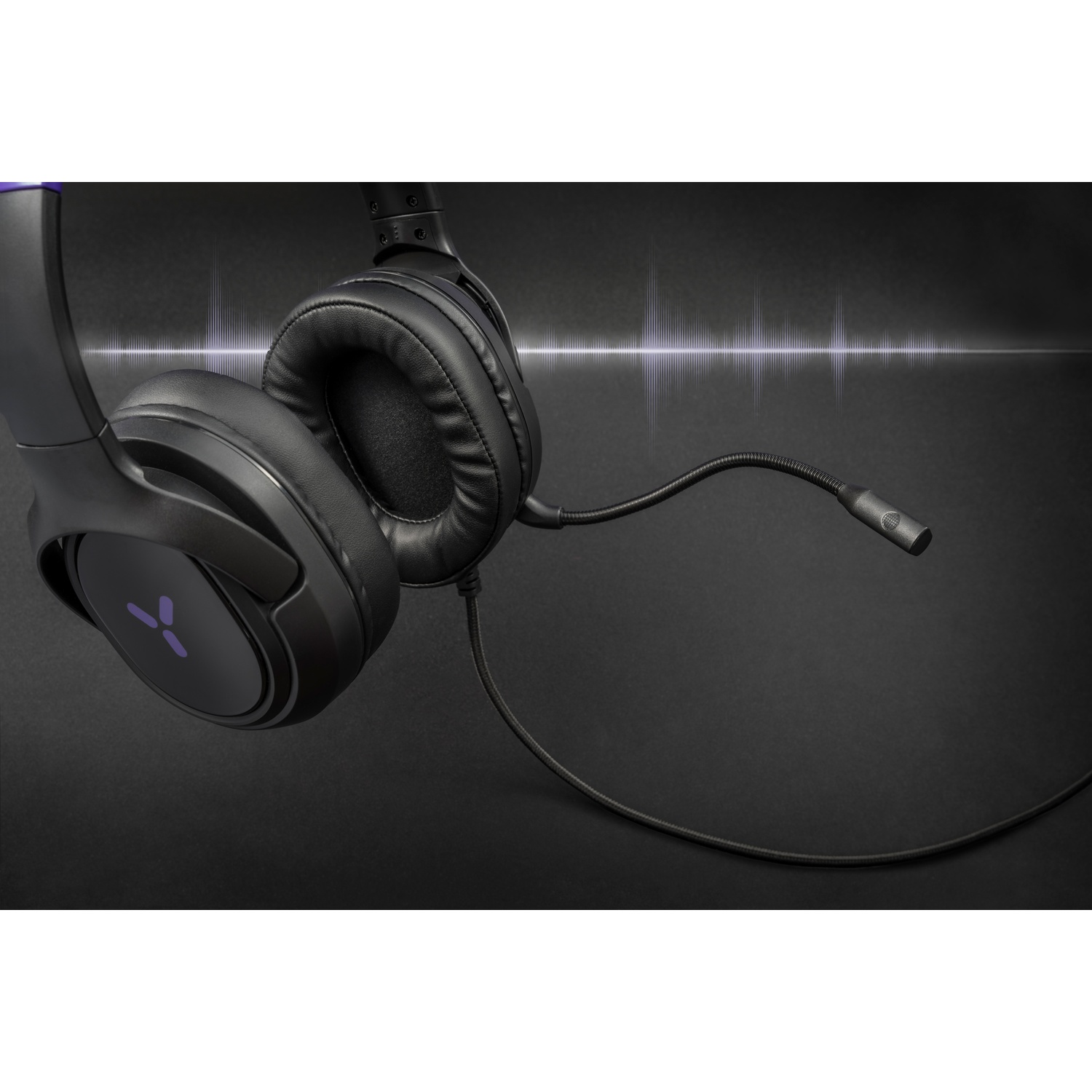 Black gaming headset with a microphone and glowing audio wave background.