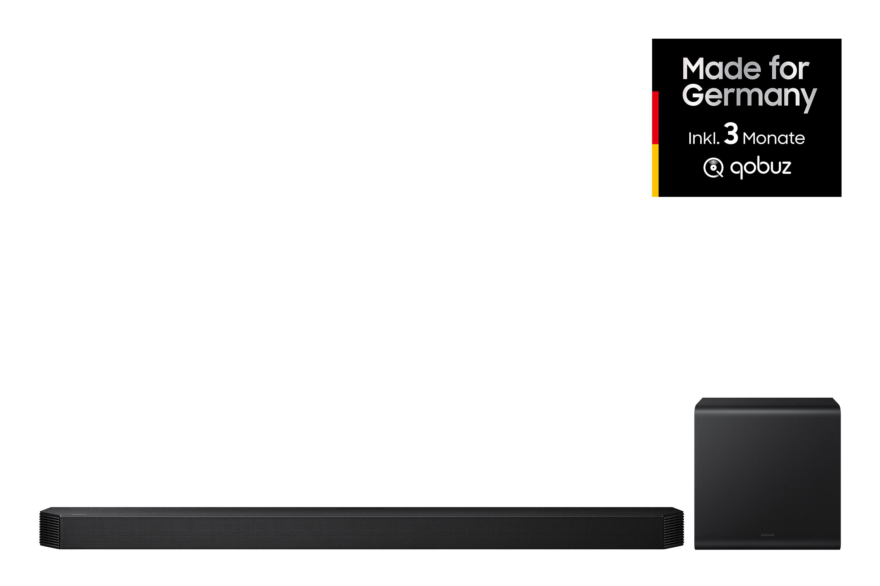 Schwarze Soundbar mit Subwoofer auf weißem Hintergrund und Badge oben rechts.