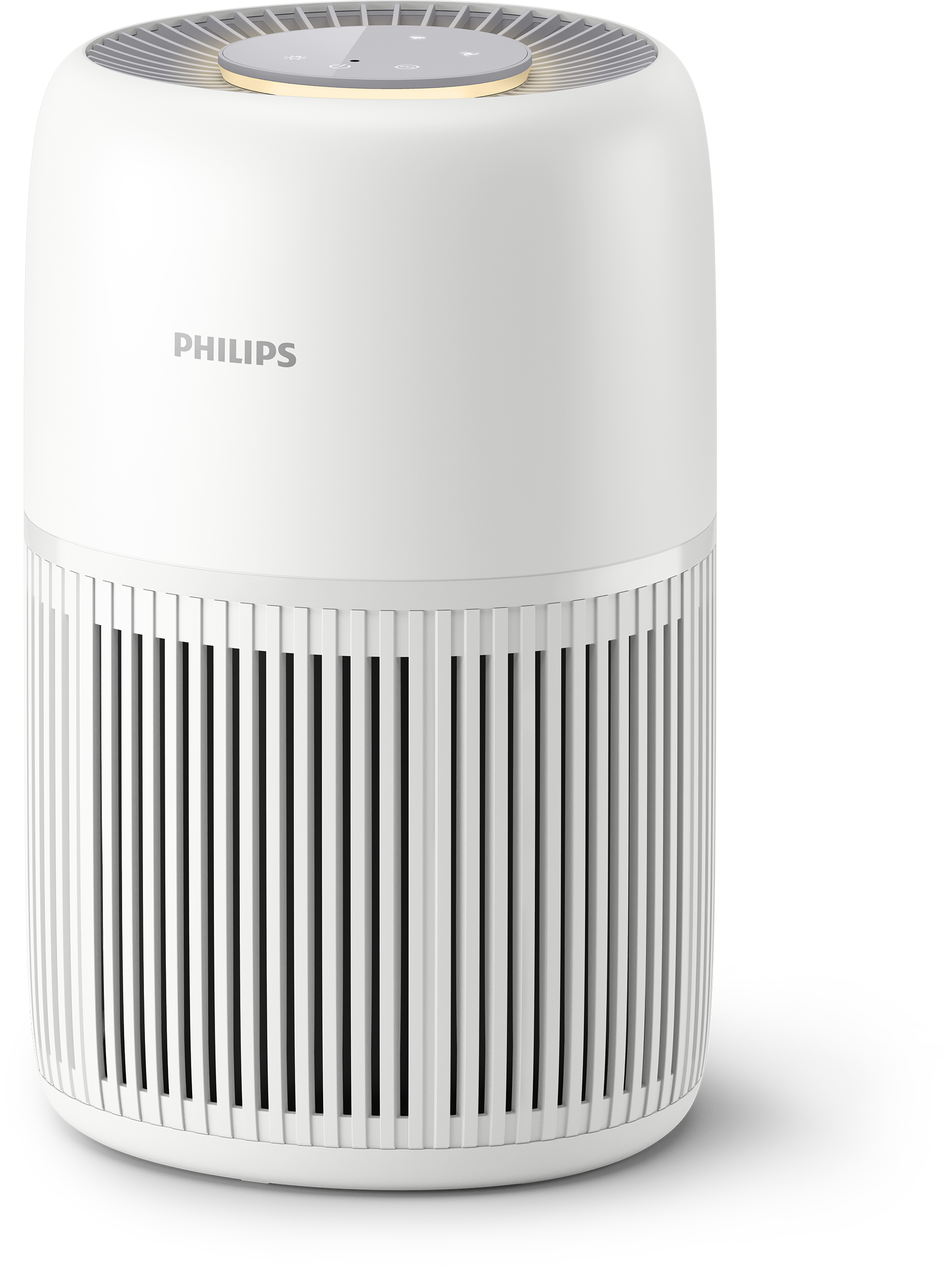 Egy fehér Philips légtisztító hengeres kialakítással és függőleges nyílásokkal.
