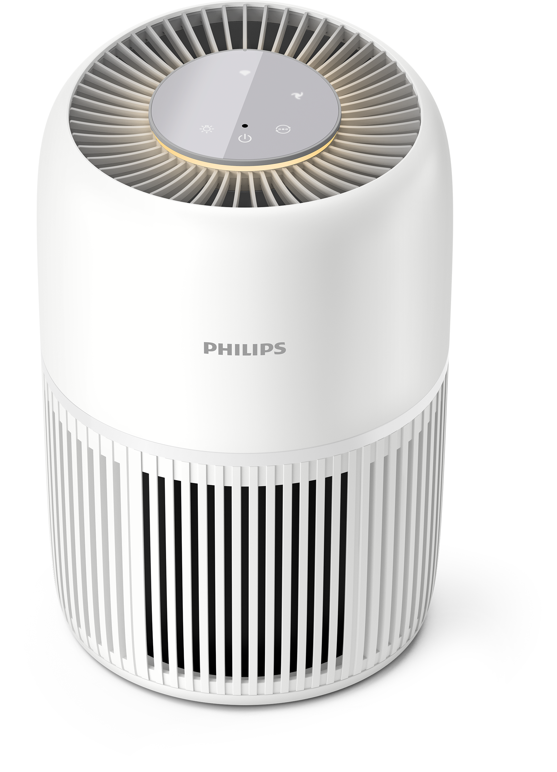 Egy fehér Philips légtisztító hengeres kialakítással, felső ráccsal és elülső logóval fekete háttér előtt.