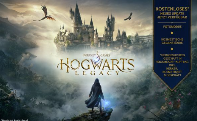 Hogwarts Castle im Nebel, eine Gestalt auf einer Klippe, fliegender Drache und Text über das Spiel.