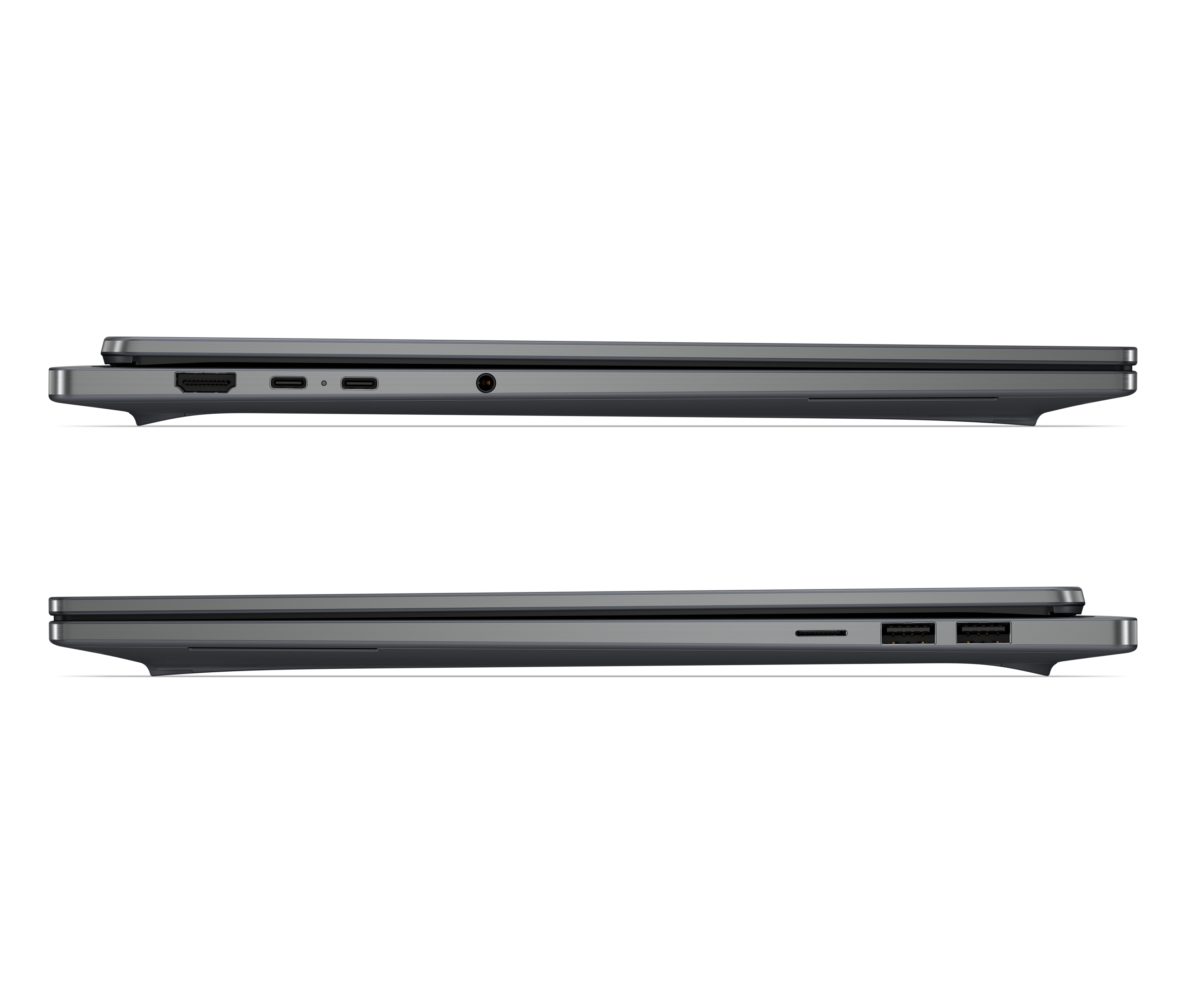 Seitenprofile eines grauen Laptops mit Anschlüssen wie USB-C, HDMI und USB-A auf weißem Hintergrund.